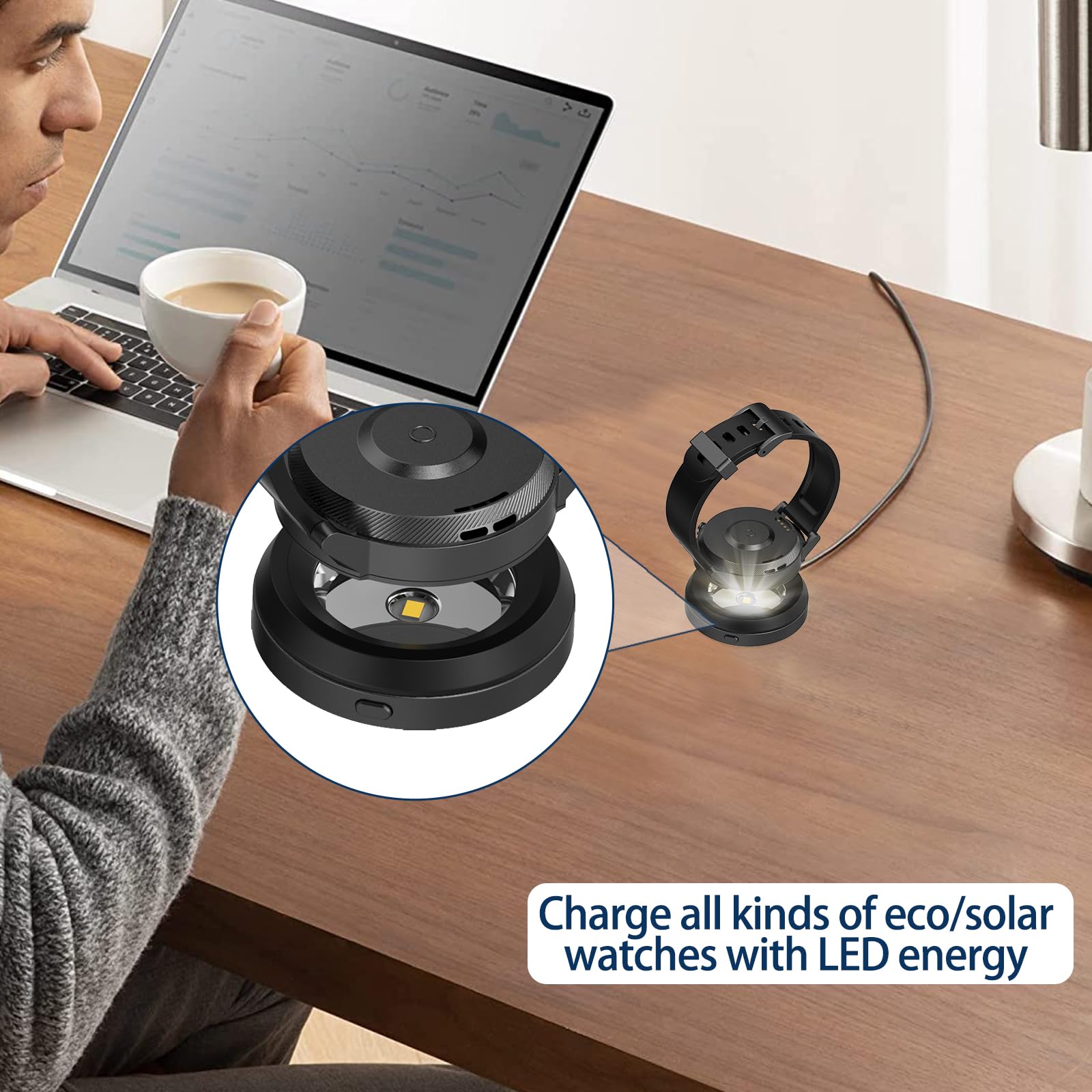 Reloj solar con cargador rápido, base de metal, 9 horas de apagado, disipación de calor rápida, cargador portátil de energía solar, adecuado para Casio/Citizen/Seiko/Garmin Rounkin (negro)