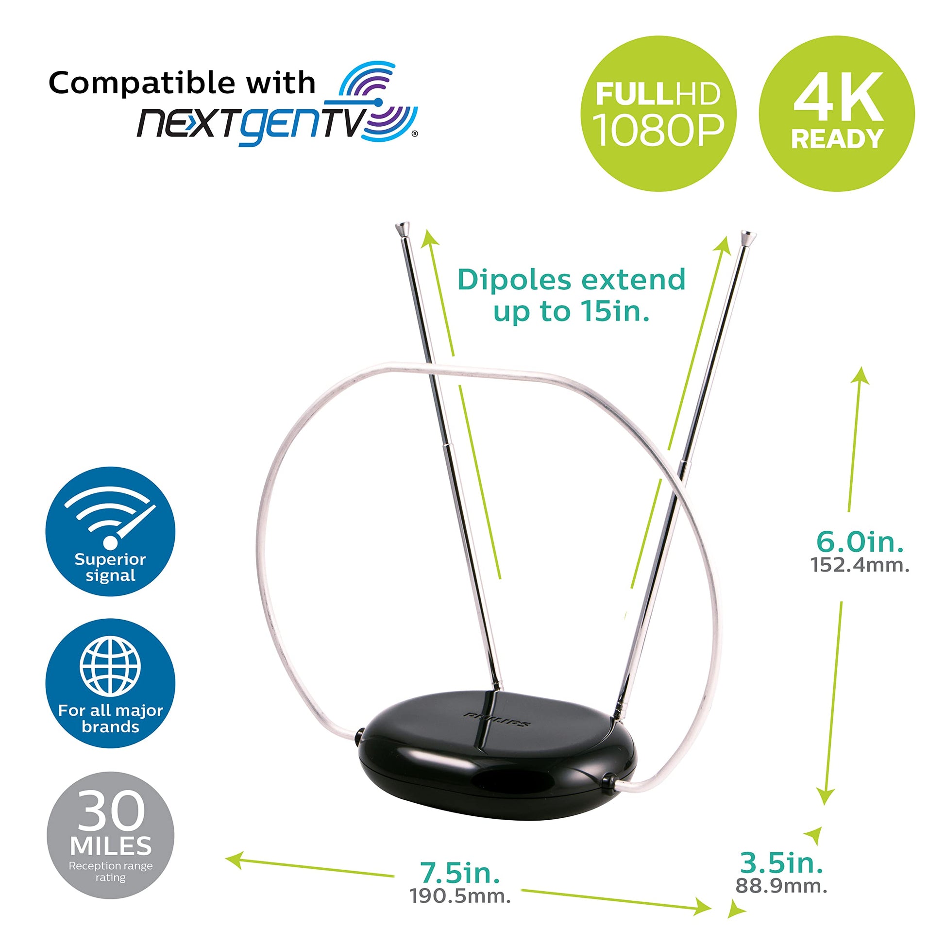Philips Rabbit Ears Antena de TV para Interiores, dipolos y Bucle Circular, Digital, Compatible con Smart TV, Antena de HDTV, 4K 1080P VHF UHF, Cable coaxial, Negro, SDV8201B/27