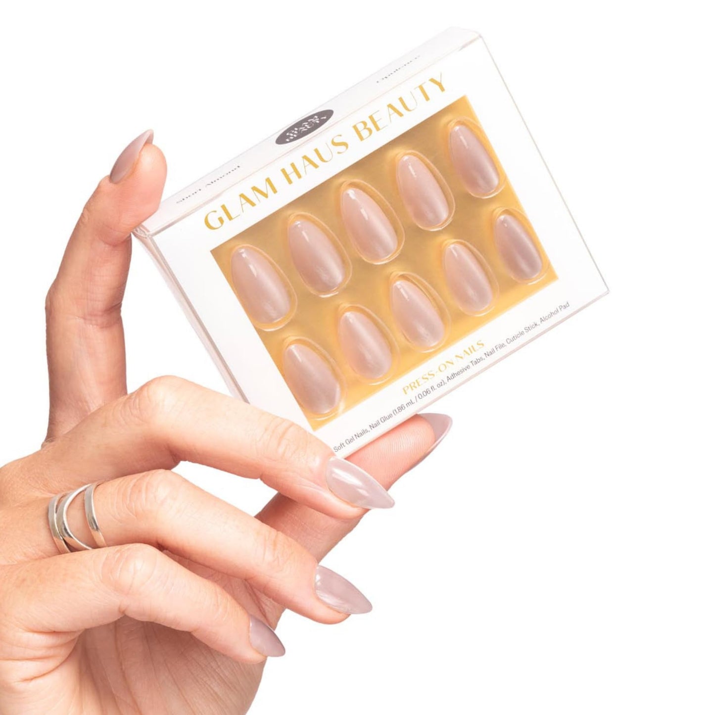 Glam Haus Beauty Uñas postizas Opulence | Acabado aterciopelado color almendra champán, calidad profesional | 16 tamaños - Kit de 32 uñas con pegamento y pestañas adhesivas