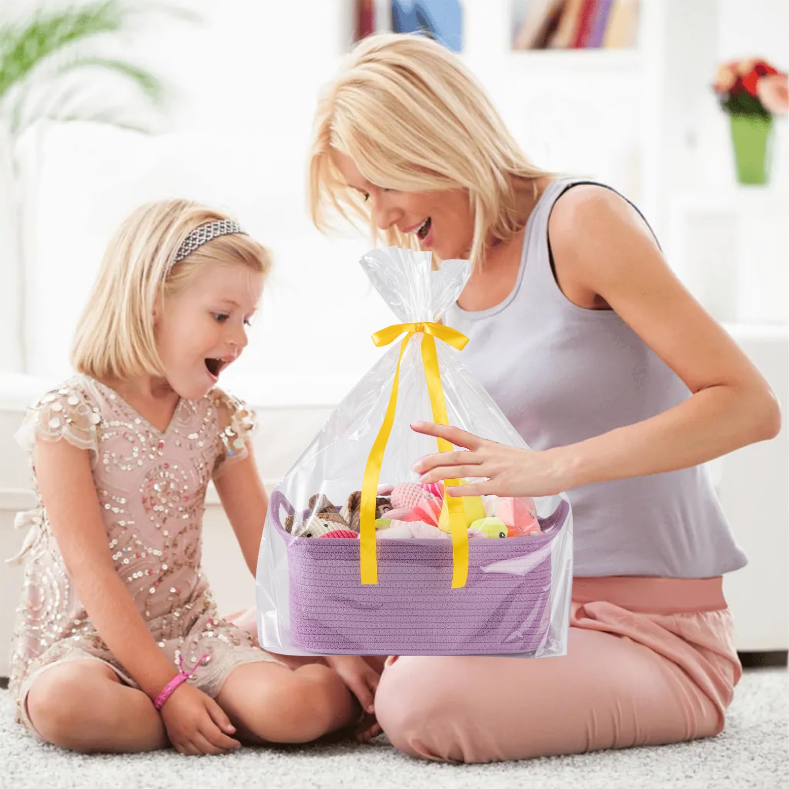 OIAHOMY - Bonita cesta tejida con bolsas de regalo y cintas, cesta de regalo vacía para baby shower, cumpleaños, cuarto de bebé con asas para sala de estar, contenedores de juguetes para mascotas para