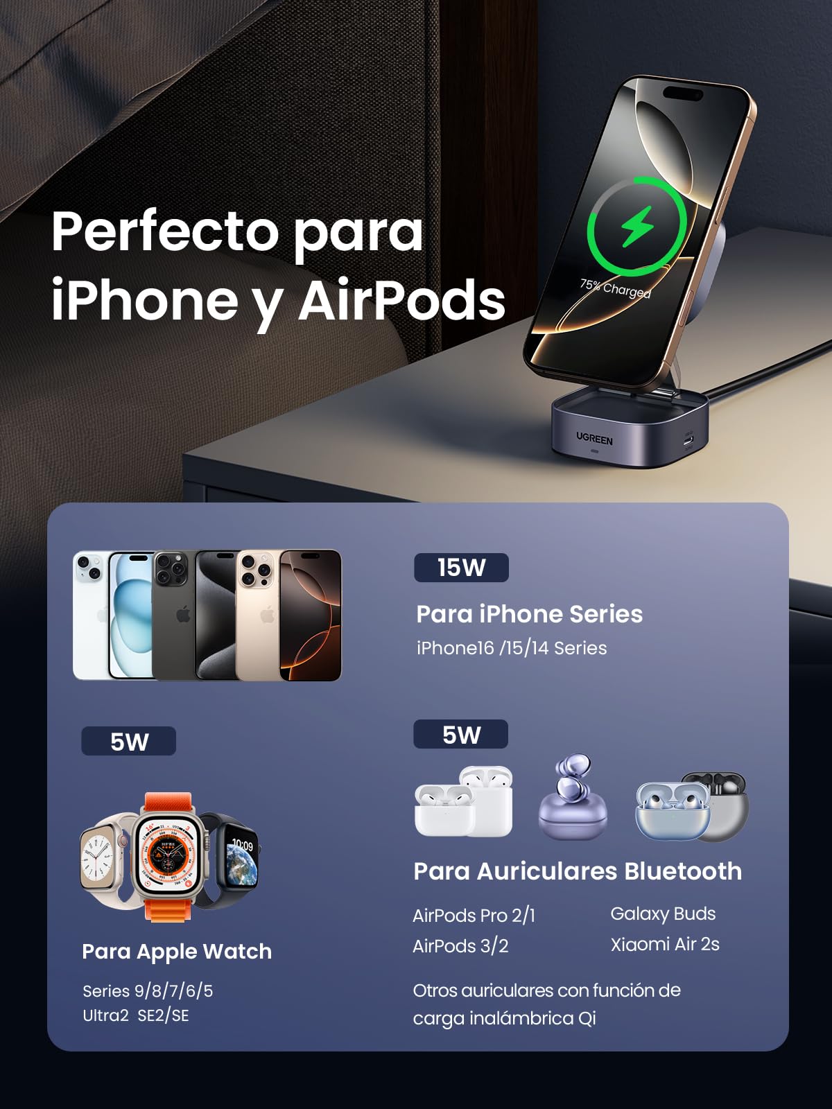 Cargador Inalámbrico UGREEN Qi215W Plegable Magnética 2 en 1 para iPhone y AirPods