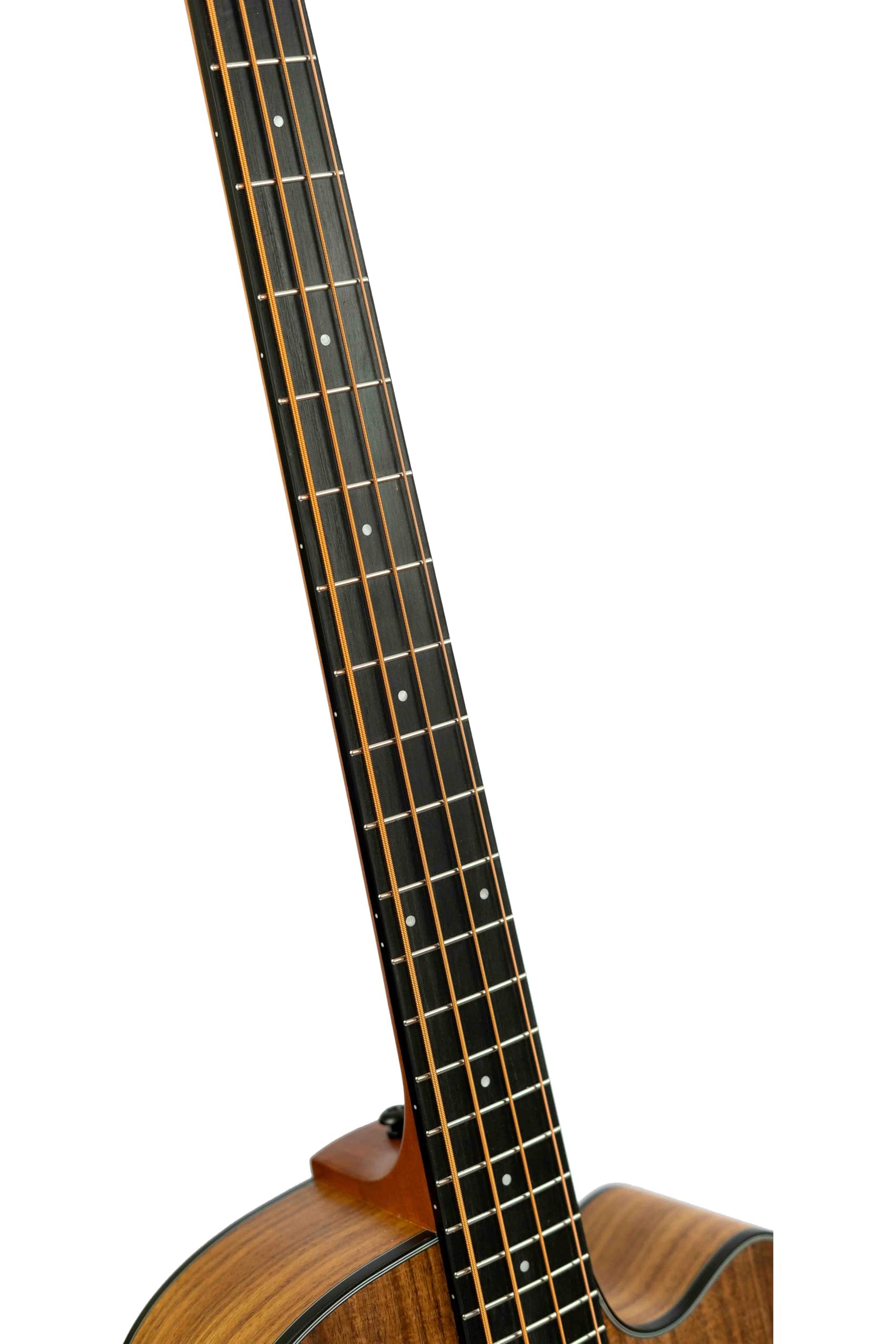 BAMBOO, Bajo Electroacústico Koa, Escala Larga con funda acolchada y ecualizador de 3 bandas, control de volumen y afinador cromático. Tapa, aros y fondo de Koa.