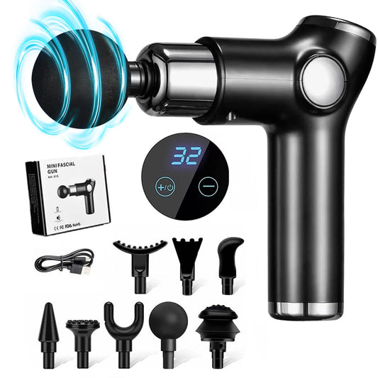 Pistola de Masaje,Masajeador Muscular de Tejido Profundo con 8 Cabezales,Máquina de Masaje Espalda Recargable,Mini Massage Gun Portátil con 32 Niveles Ajustables,Pantalla LCD,Súper Silencioso,Negro