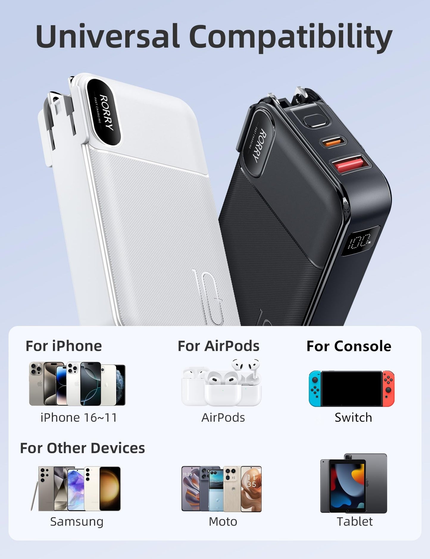 Batería Portátil RORRY Negro 10000 mAh con Enchufe Plegable y Cables Integrados