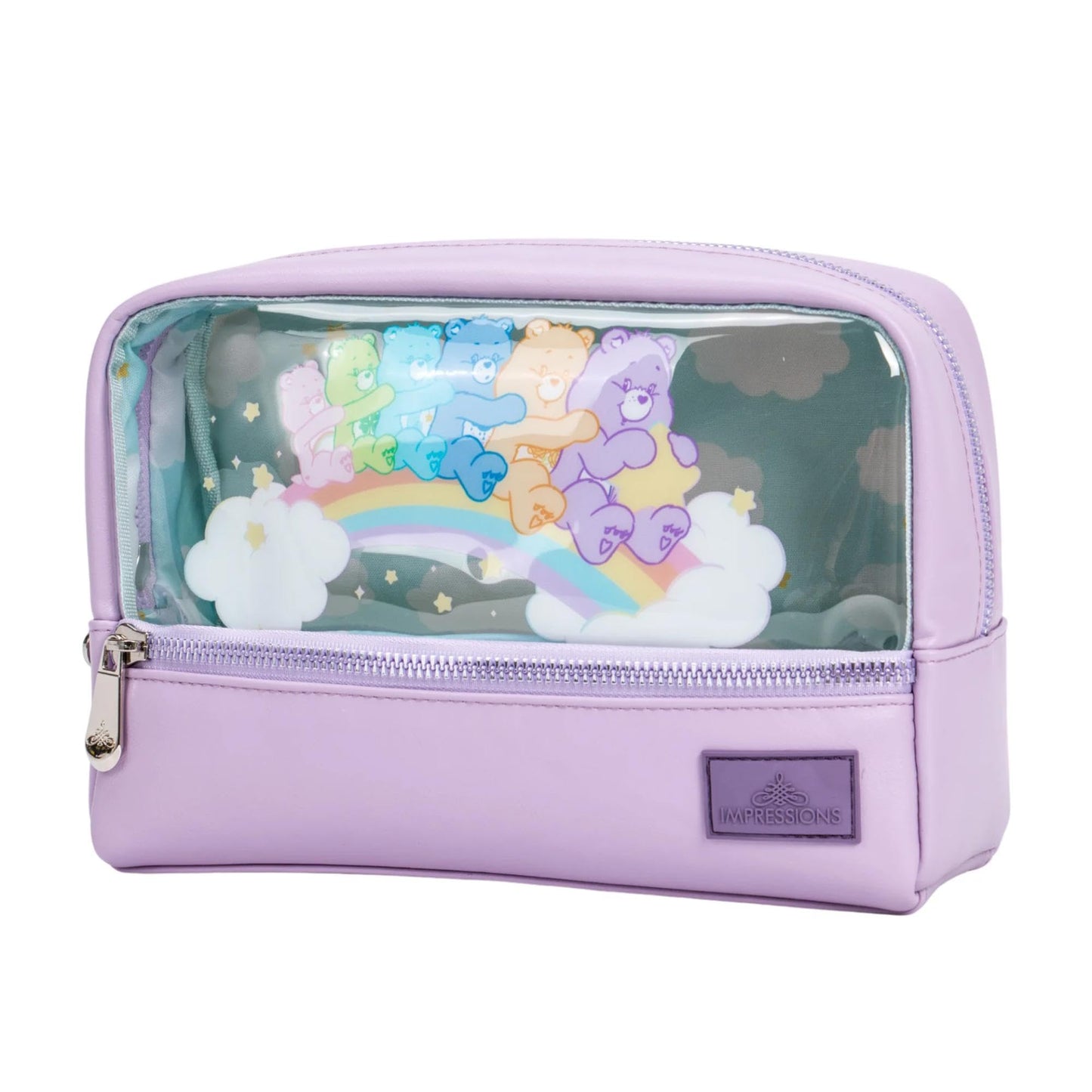Impressions Vanity Care Bears - Bolsa de maquillaje con diseño de osos de característicos de arte, organizador de bolsas de maquillaje de viaje con ventana transparente de vinilo, dos compartimentos