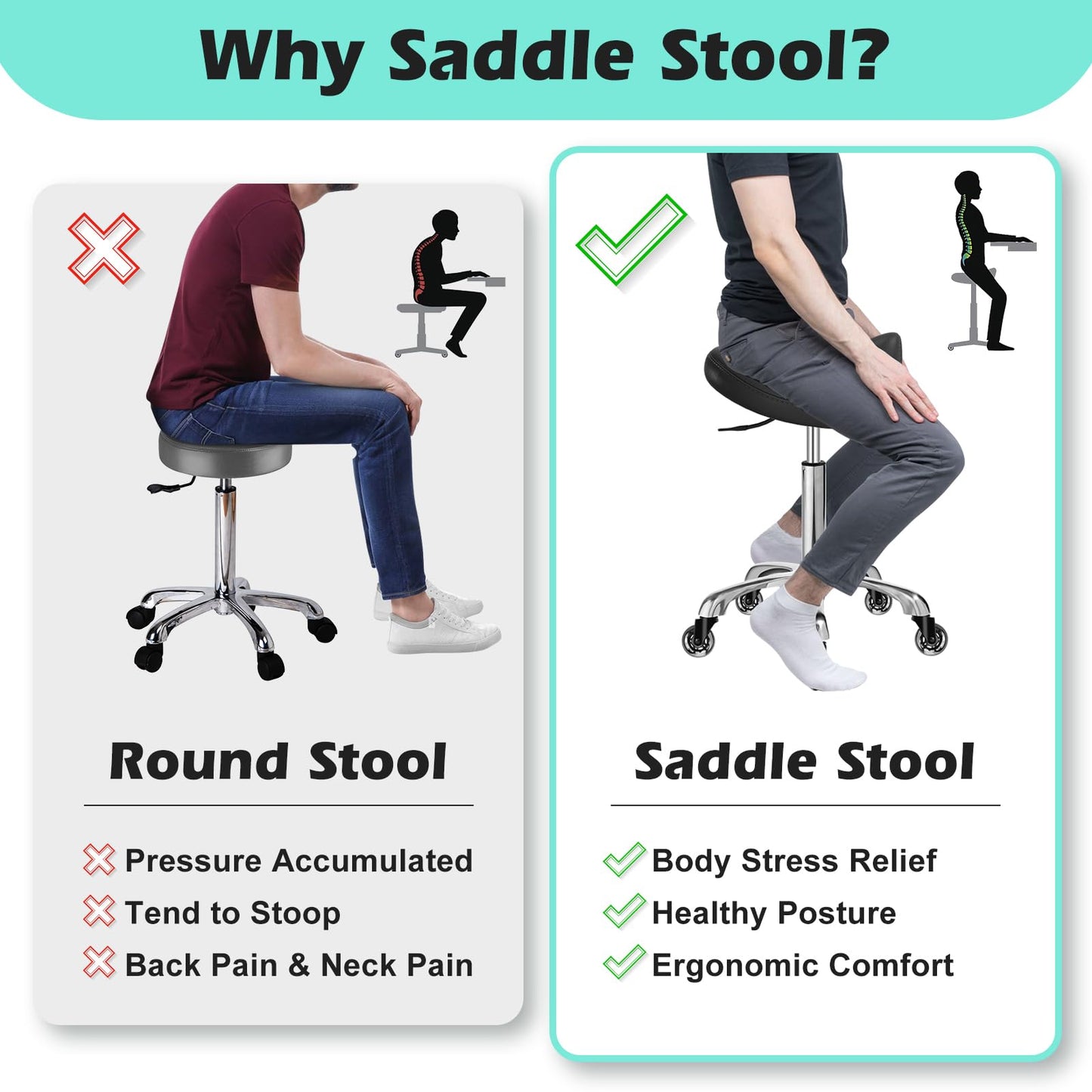 Taburete de Sillín Ergonómico con Ruedas, Cojín Grueso Mejorado, Corrección de Postura, Ajustable, Resistente 400 Libras, para Salón de Masaje y Hogar