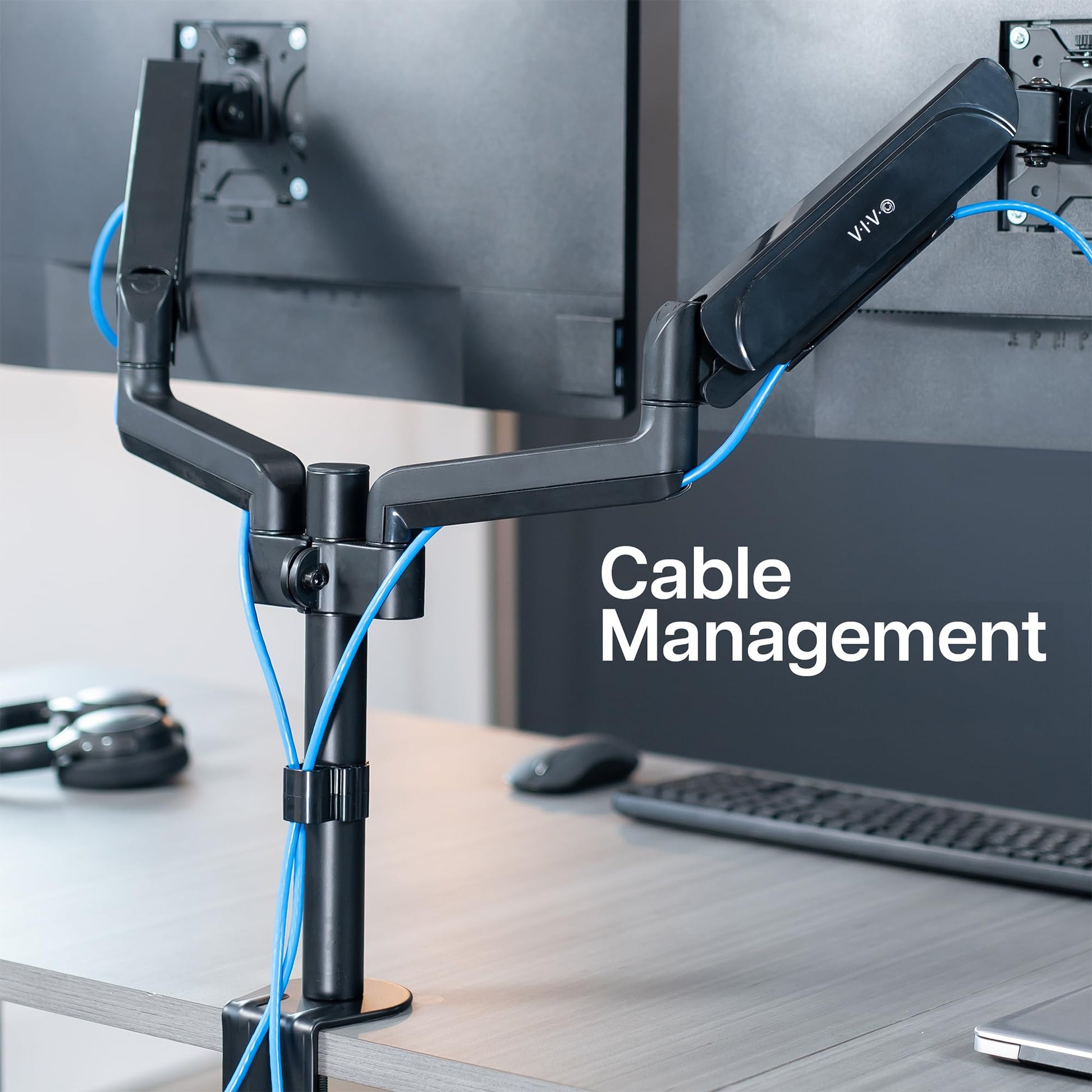 Soporte de Brazo para Monitor Dual VIVO Negro Ajuste Neumático Altura y Movilidad Completa para Hombre