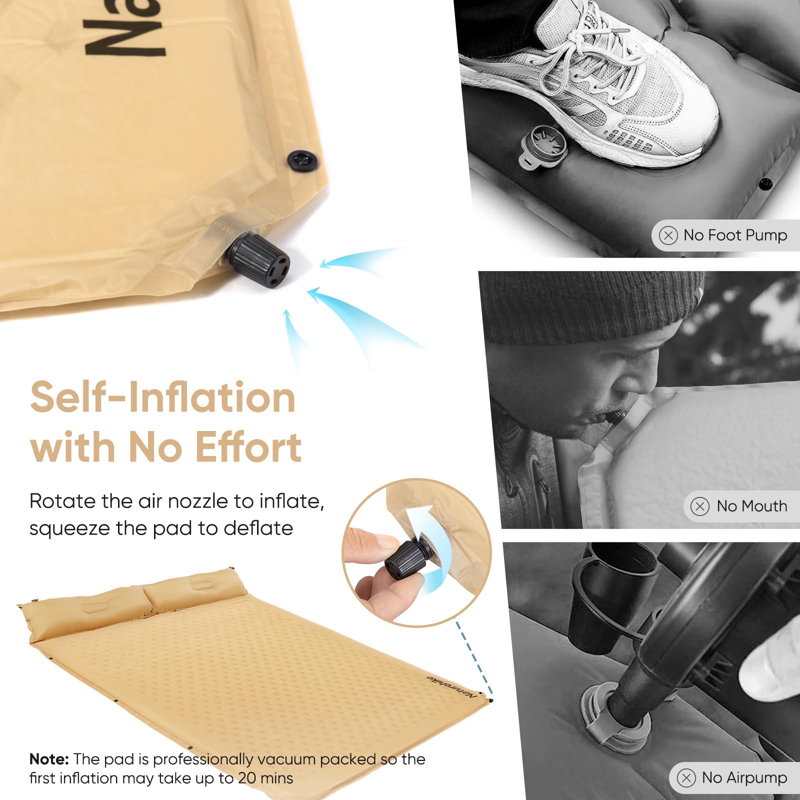 Naturehike - Cojín de Dormir autoinflable, Ultraligero de Espuma viscoelástica con Almohada, inflado rápido, Almohadilla de Dormir para Senderismo, Caravana, Camping, matrimonial, Amarillo