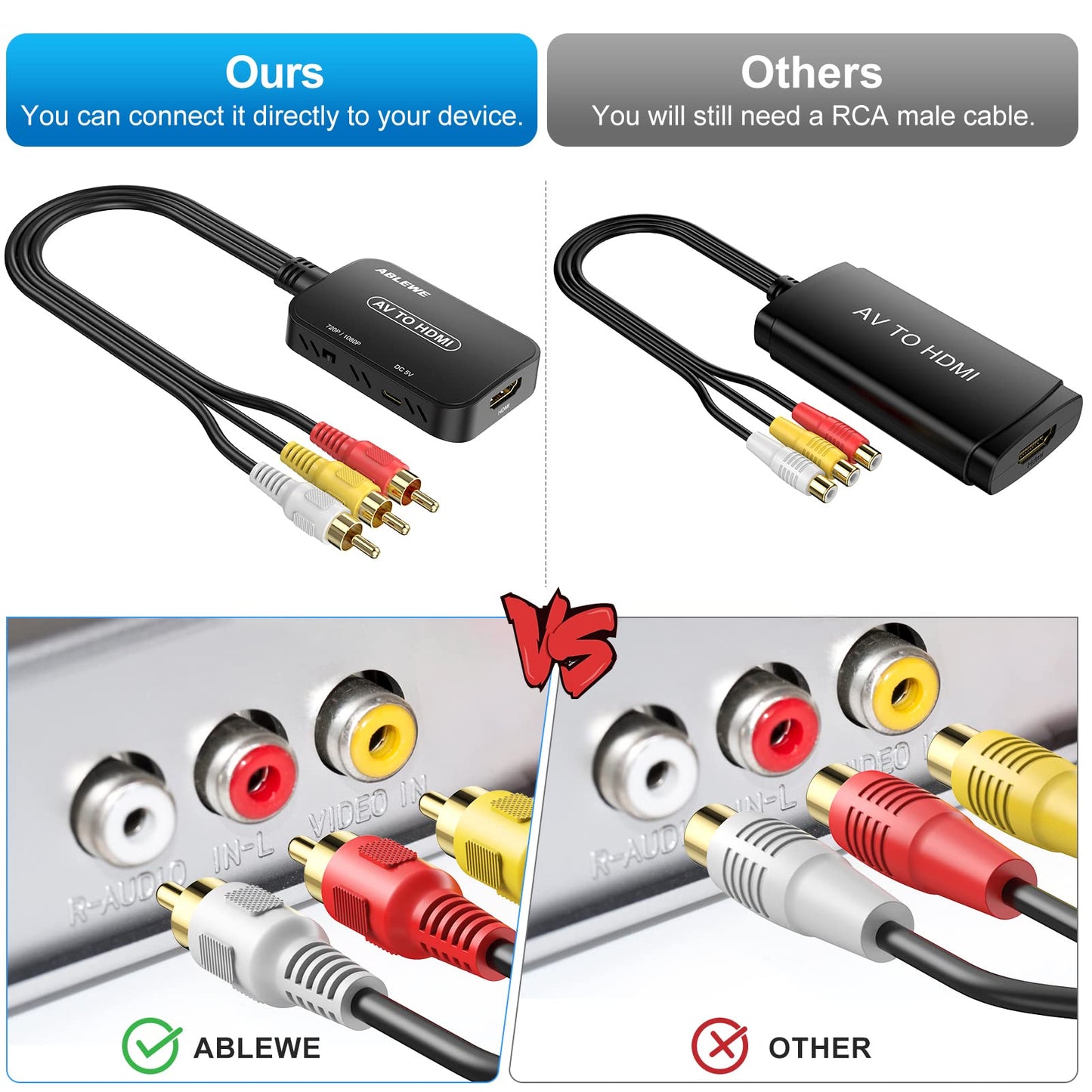 ABLEWE Convertidor RCA a HDMI, convertidor AV a HDMI con cable RCA y cable HDMI compatible con PAL/NTSC para reproductores de DVD Roku/VHS/VCR/Blue-Ray