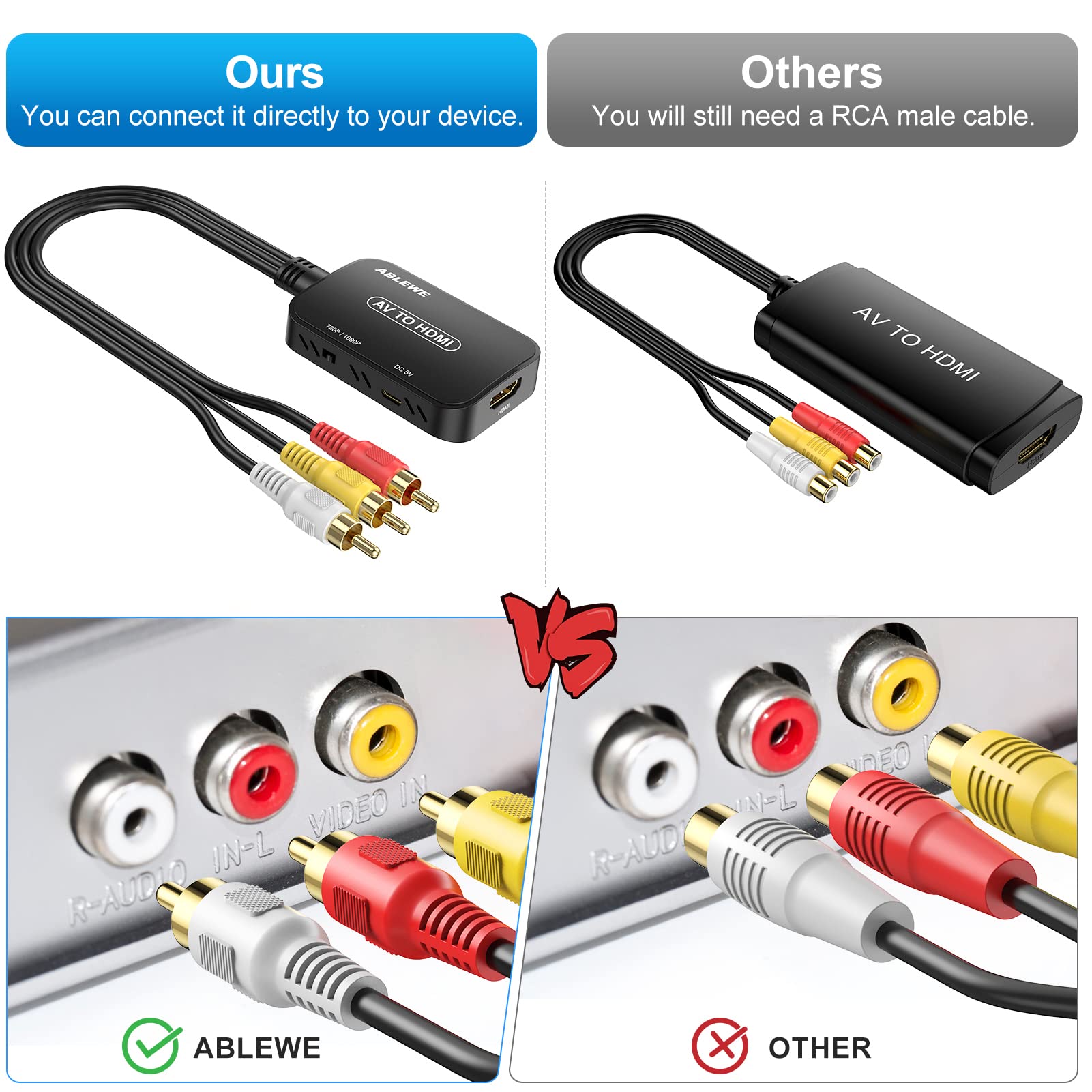 ABLEWE Convertidor RCA a HDMI, convertidor AV a HDMI con cable RCA y cable HDMI compatible con PAL/NTSC para reproductores de DVD Roku/VHS/VCR/Blue-Ray
