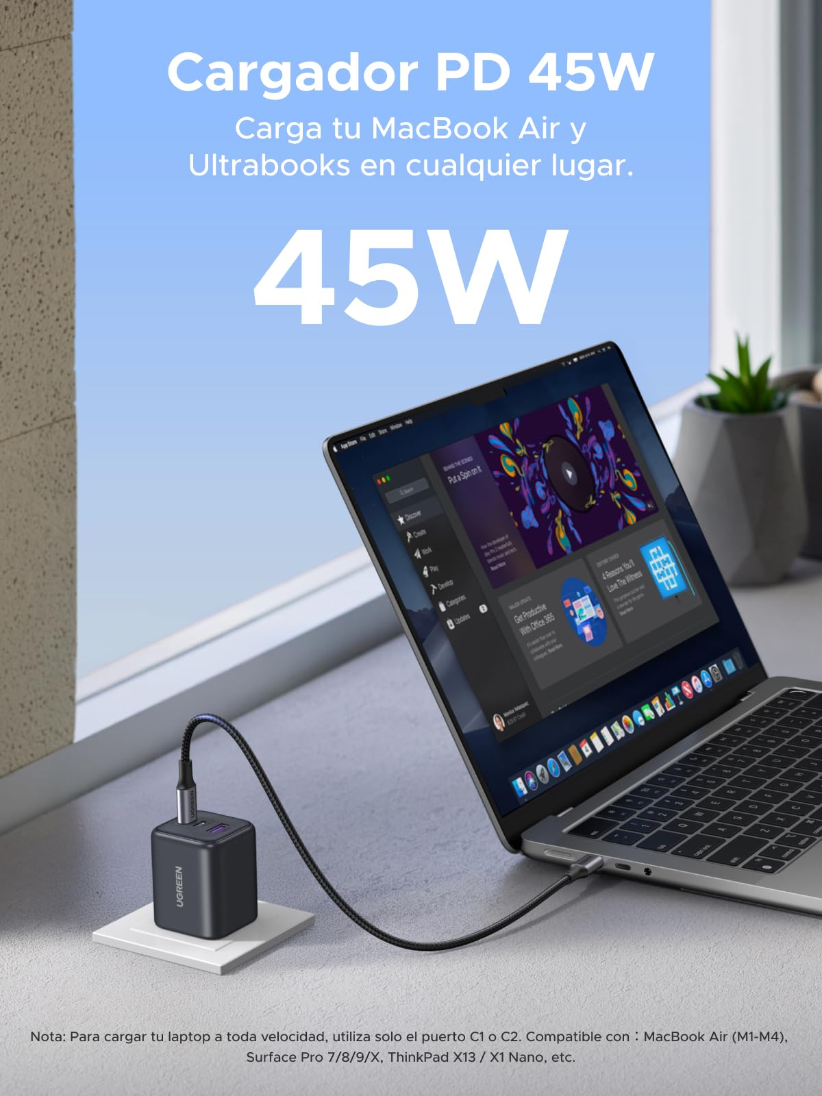 Cargador Portátil UGREEN 45W GAN Negro con Carga Súper Rápida 2.0 para Galaxy y iPhone