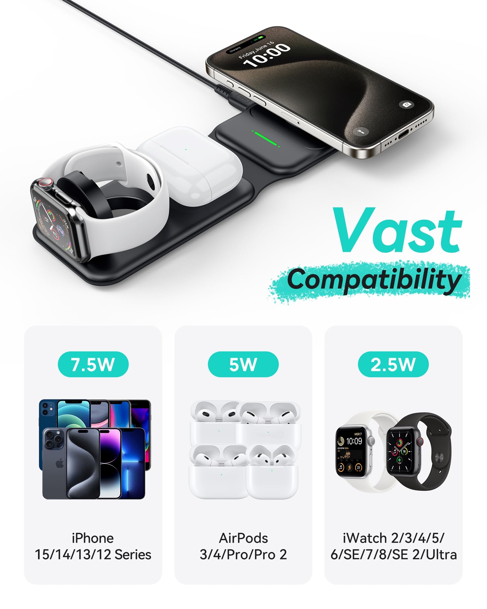 INIU 3 en 1 Cargador inalámbrico, Magnetic Foldable Wireless Charger Certificación Qi Rápido Soporte Phone Carga 20W Cargador para iPhone 15 14 13 12 Series, AirPods iWatch 7 6 5 4 3 2 1 Pro
