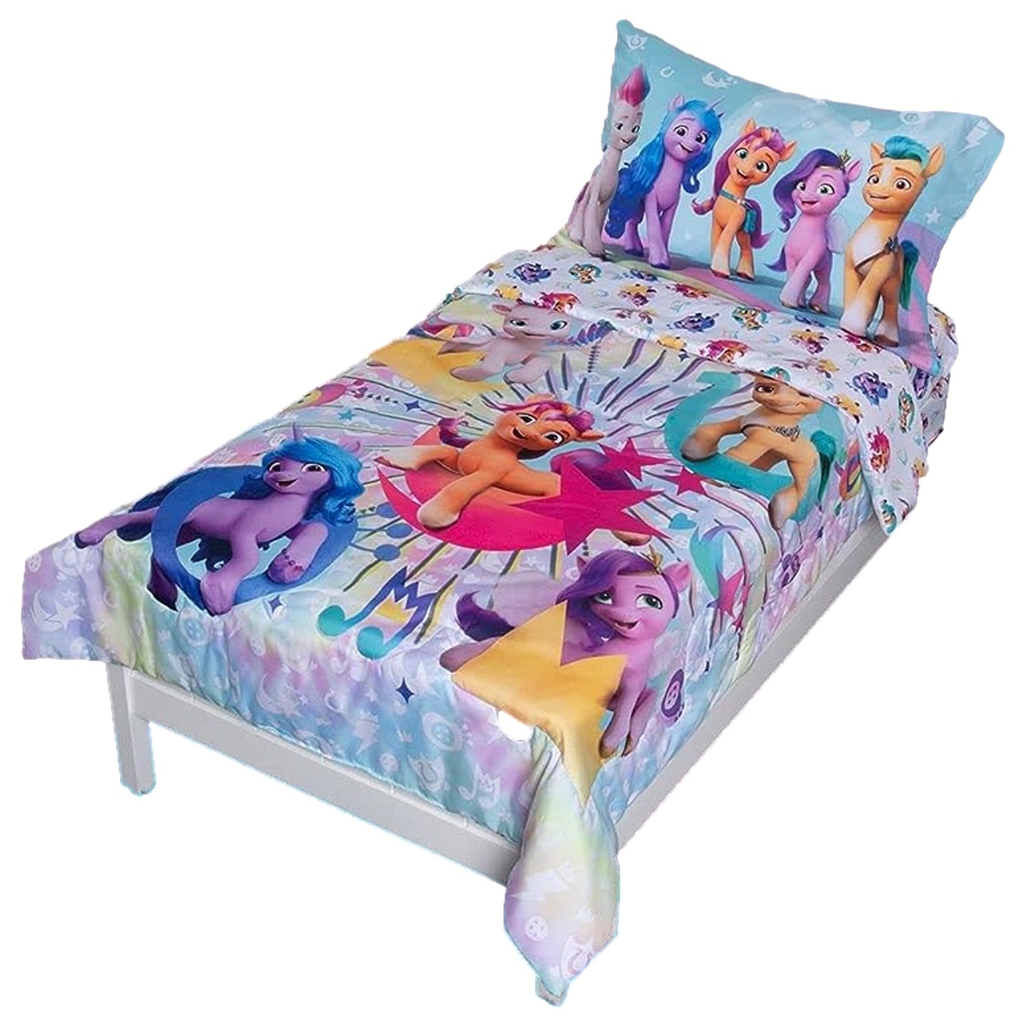 My Little Pony Juego de Ropa de Cama de 4 Piezas para niños pequeños, Incluye edredón Acolchado, sábana Bajera, sábana Superior y Funda de Almohada, diseño de Personajes para Cama de niños pequeños