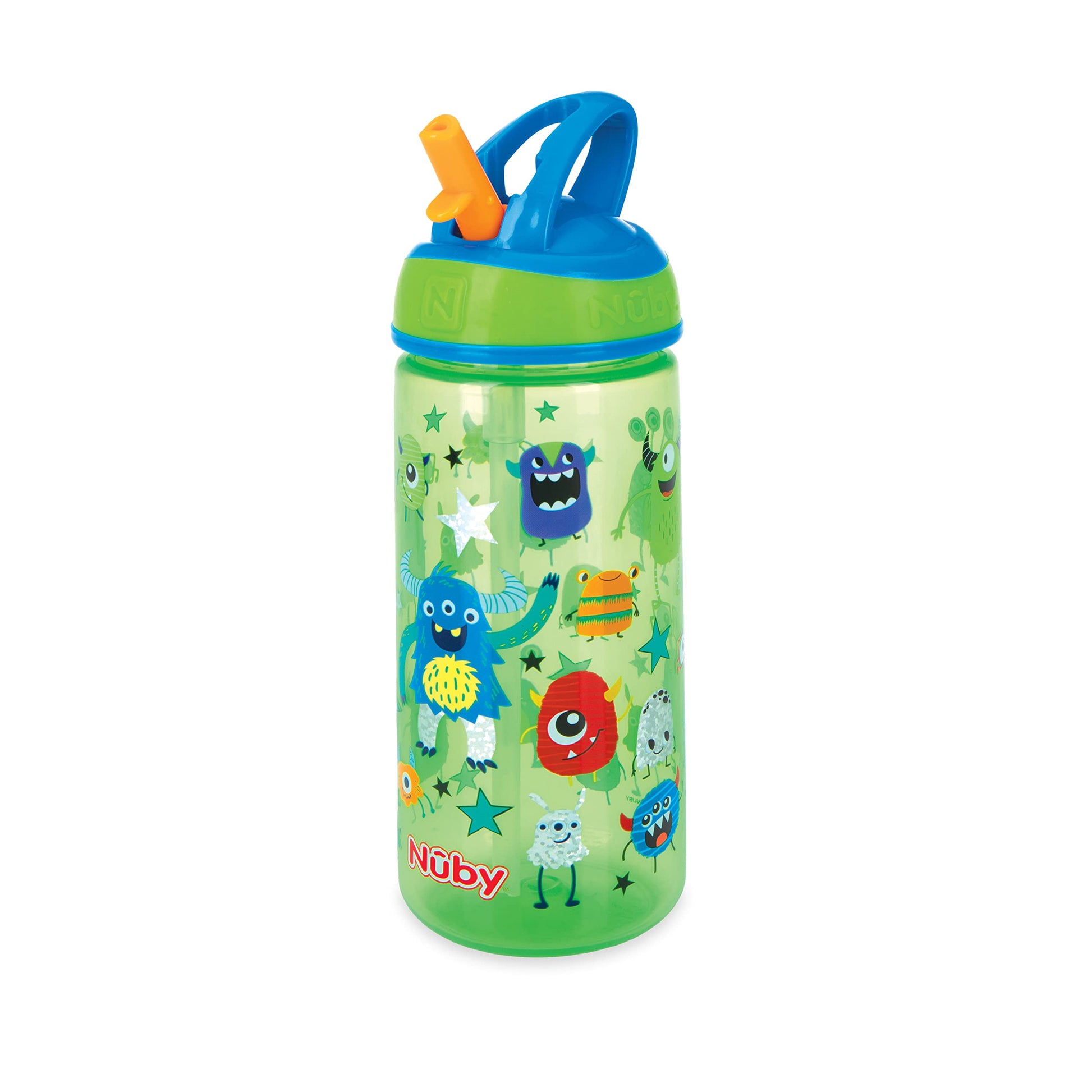 Botellas de Agua Nuby Iridiscentes para Niños con Pajita Dura a Prueba de Mordeduras Robot y Monstruo 18 Meses 540 ml Paquete de 2