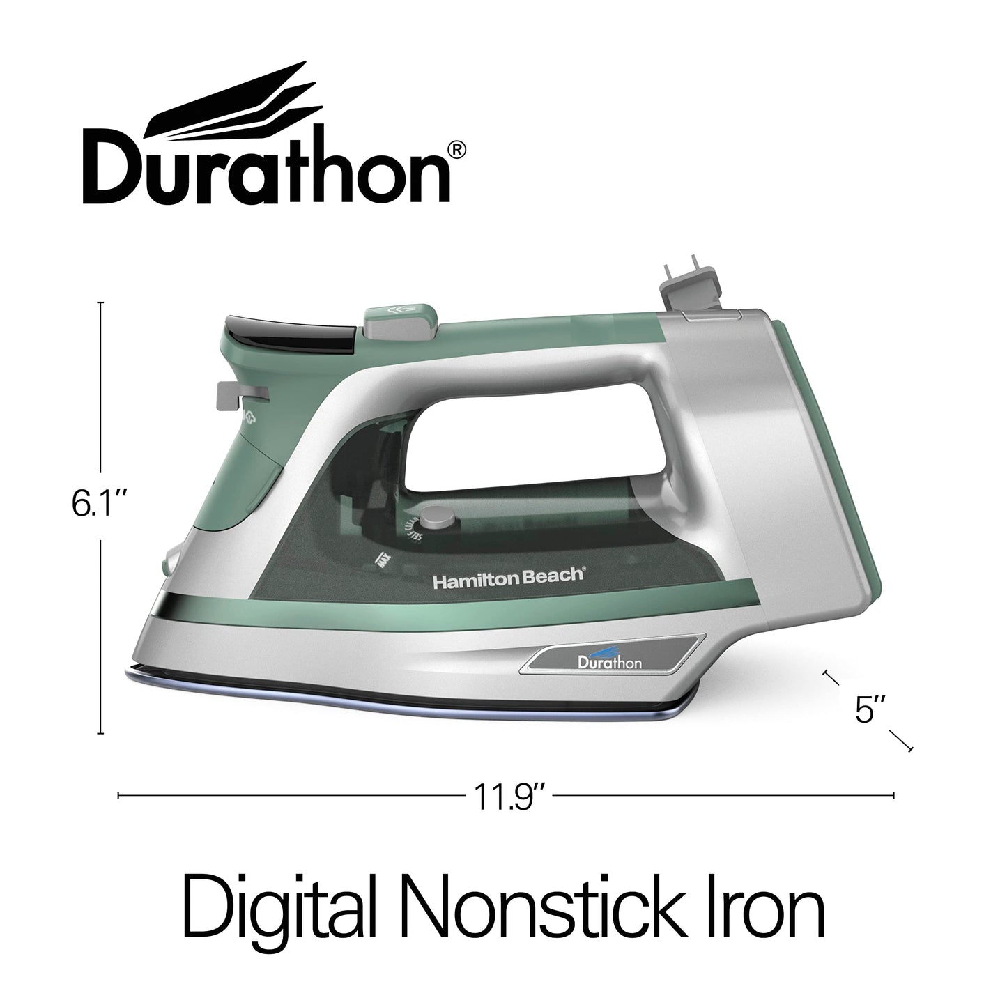 Hamilton Beach - Plancha de vapor y vapor vertical para ropa con suela Durathon resistente a los arañazos, selector de tela digital + cable retráctil de 8 pies, apagado automático de 3 vías,