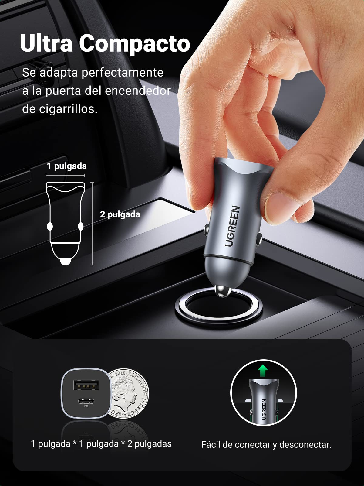 UGREEN Cargador Auto 24W, USB C Adaptador de Coche PD 20W y QC 18W, Quick Charge 3.0 con Enchufe Plegable, Compatible con iPhone 16/15/14/13/12, iPad, Galaxy S25/S24/S23/S22/Note 20, Pixel 9/8/7, LG
