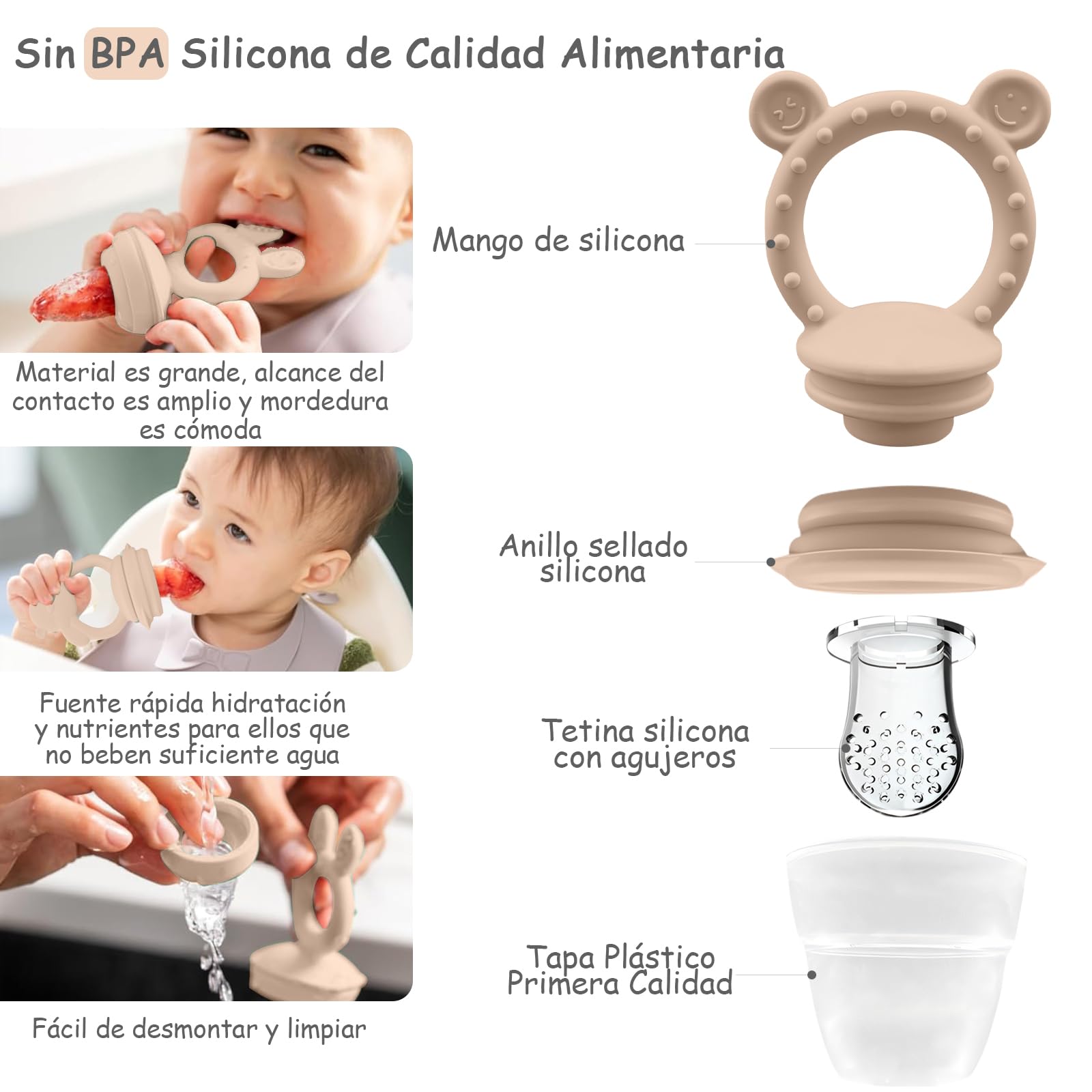 EHRHDKNS Bandeja Congeladora de Alimentos para Bebés Sin BPA, Adecuado para la Introducción Segura de Alimentos, Fruta y Papillas a Partir de los 4 Meses, Fortalece los Dientes del Bebé y le Ayuda a Comer Sano (Beige, Sonriente)