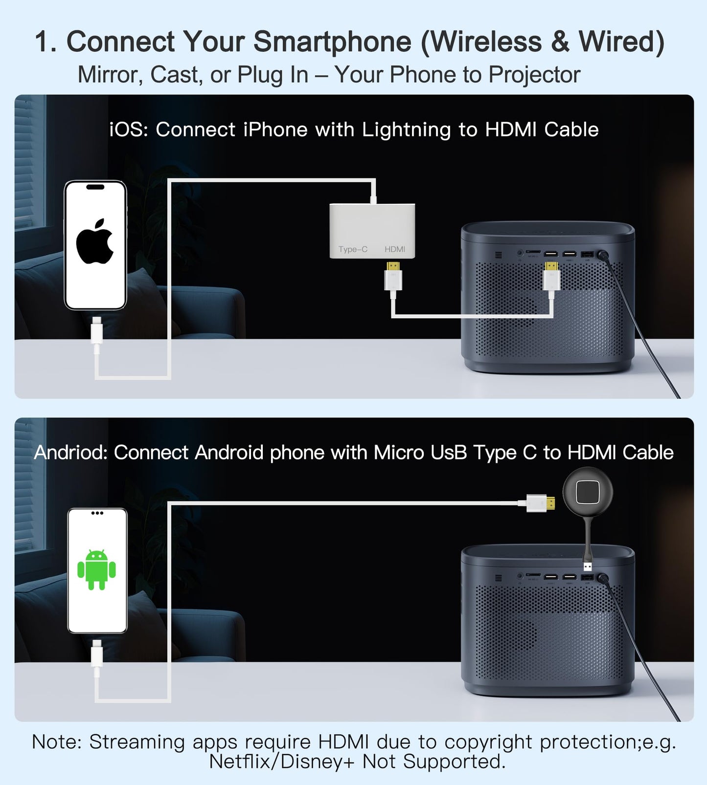 Miroir Miniproyector HD para el hogar con altavoz integrado, enfoque automático y corrección trapezoidal, portátil para películas al aire libre, compatible con smartphones y televisores.