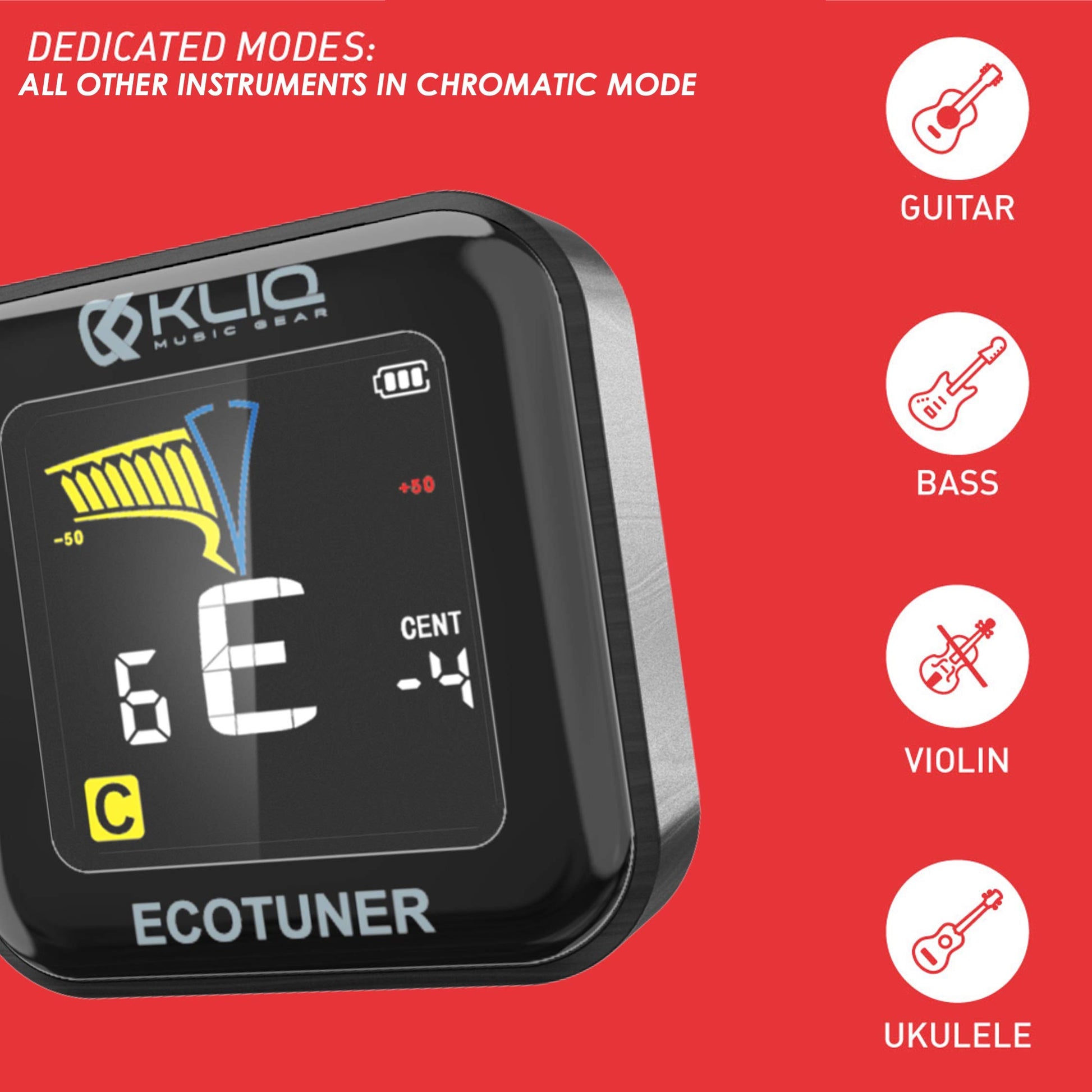 KLIQ EcoTuner - Sintonizador de clip recargable por USB para todos los instrumentos (con cable de carga incluido)