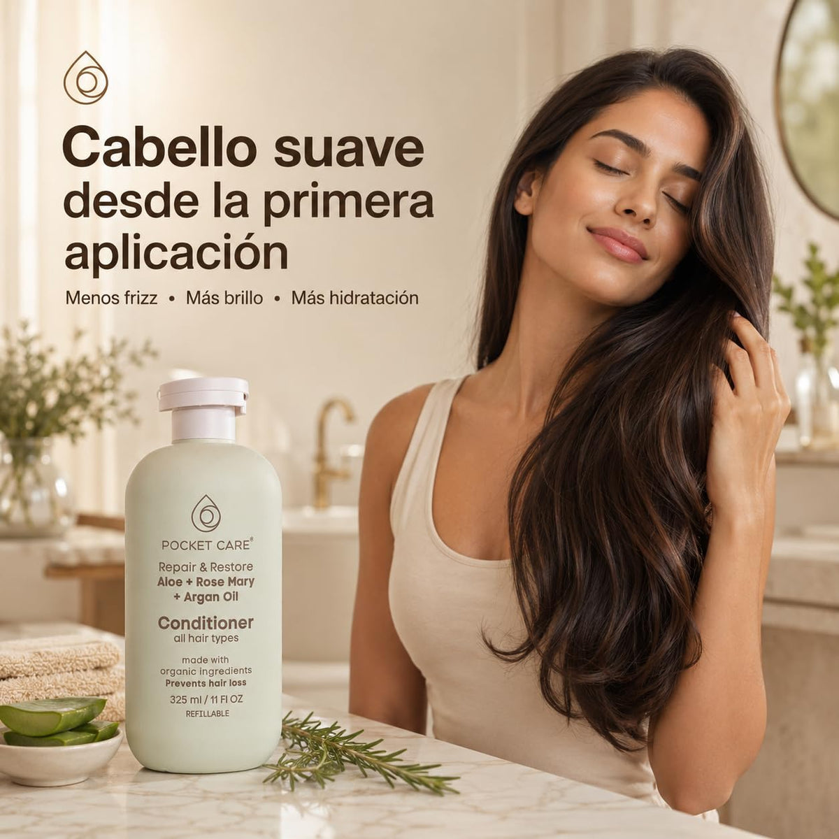 Pocket Care Acondicionador Reparador para Cabello Seco y Maltratado con Aceite de Argán, Sábila, Romero, Manteca de Karité y Cacao | Anti Frizz, Brillo y Suavidad | 325 ml(Acondicionador, Aloe vera)