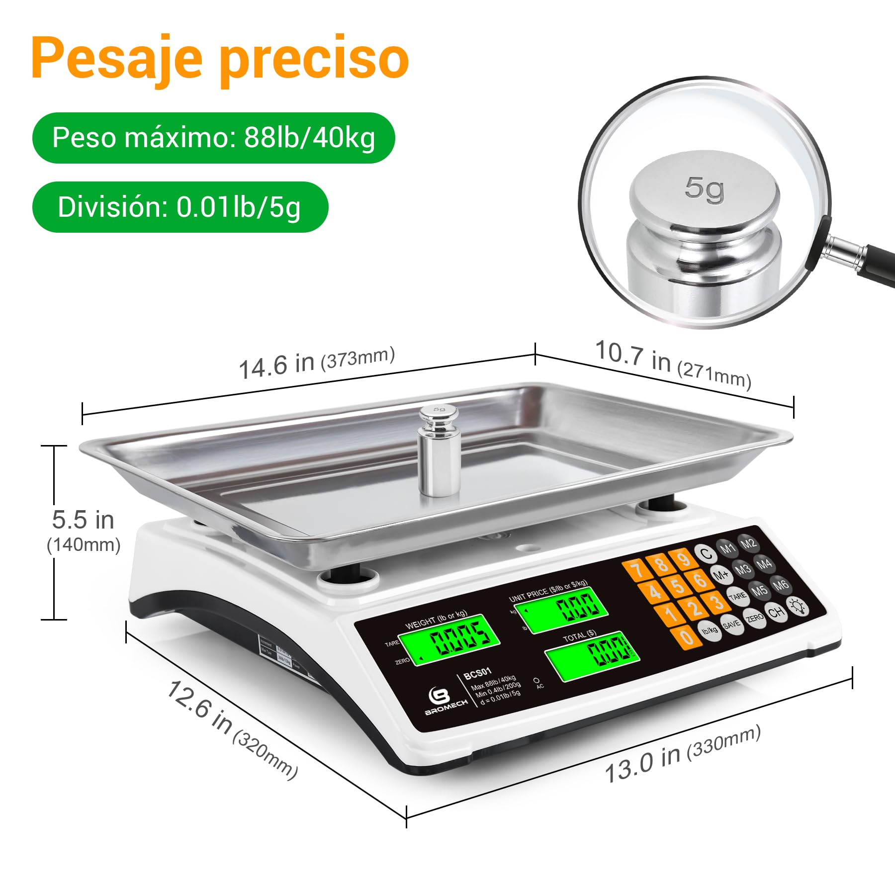 Báscula Digital Comercial 40kg Bascula alimentos para Pesar Productos Carne con Gran Plataforma de Acero Inoxidable, Pantalla LCD y Luz de Fondo Verde Brillante para Mercados Agrícolas