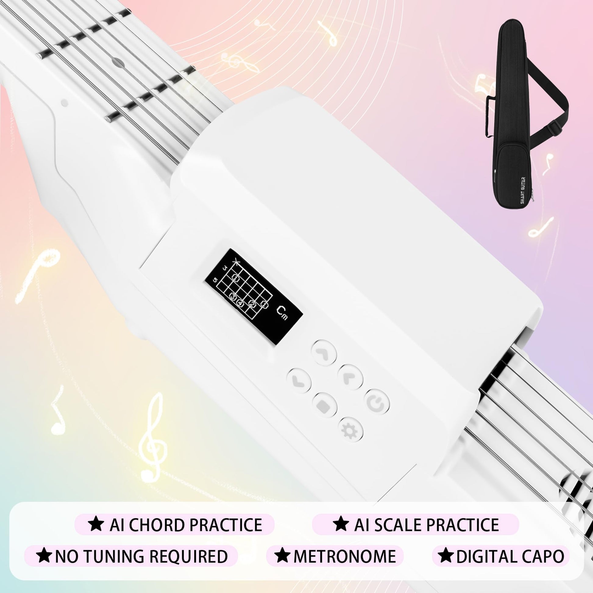 PEFEEL - Guitarra eléctrica acústica inteligente con carga USB, bolsillo para guitarra de viaje, guitarra de acorde portátil, cuello de guitarra para entrenador, principiante, AI LCD (blanco)