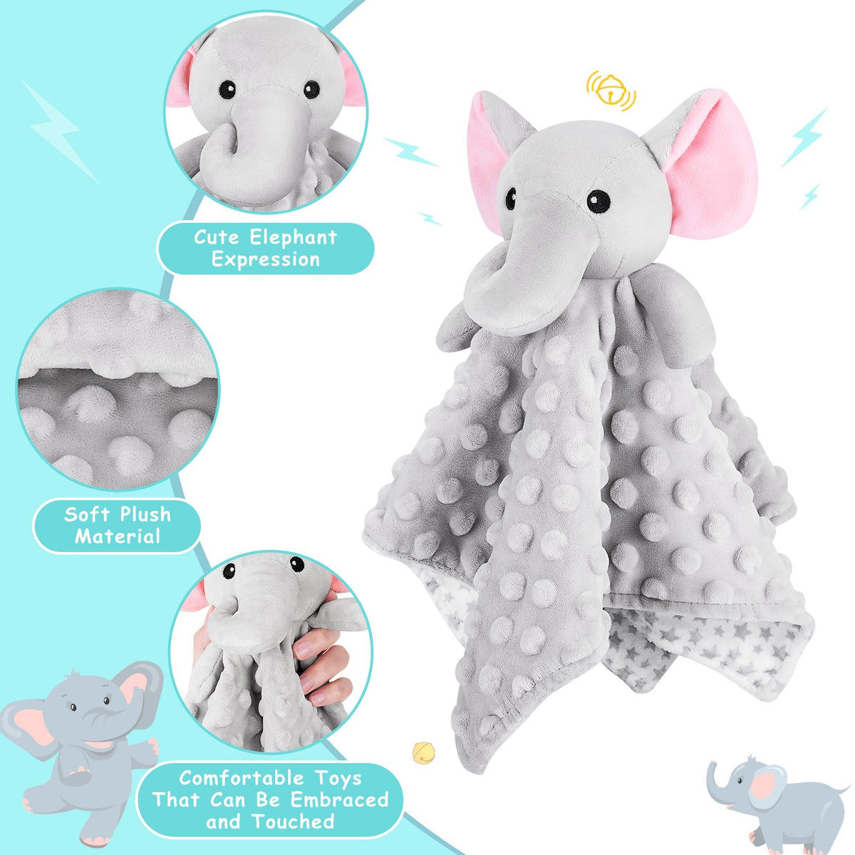 Sprinqdawin Loveys - Manta suave de seguridad para bebés recién nacidos, juguetes de peluche para bebés, mantas de seguridad de elefantes, regalos unisex (elefante gris, 12.4 pulgadas)