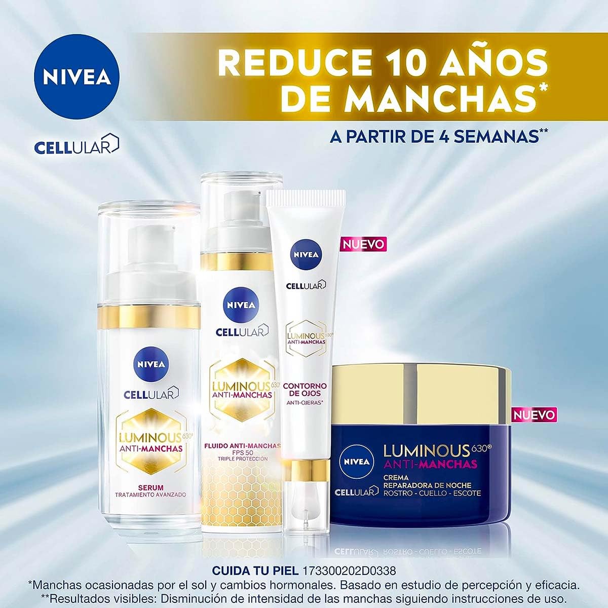 NIVEA Kit Anti-manchas Rutina Facial Luminous 630 (3 piezas), Enriquecida con Ácido Hialurónico Serum facial + Fluido facial con Vitamina E y FPS50 + Contorno de Ojos Anti-ojeras