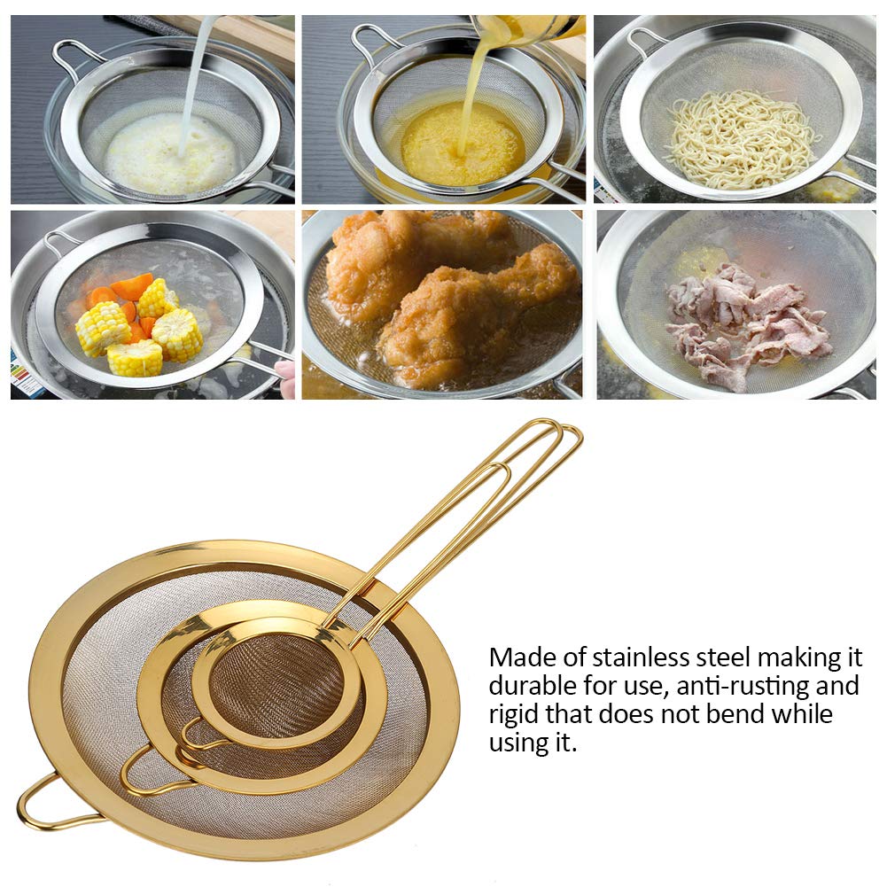 Colador de malla fina | Colador de aceite de acero inoxidable con mango largo | 3.1 ", 4.7", 7.9 "| Adecuado para albóndigas, wonton, fideos | Titanio dorado