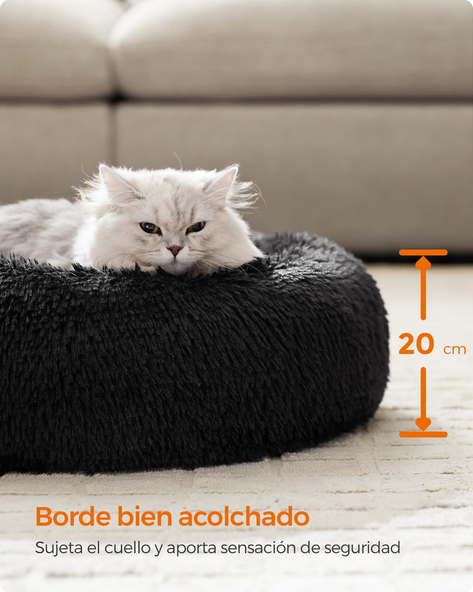 Feandrea Cama de Perros, Cama para Mascotas, Diámetro de 50 cm, Cojín Central Extraíble y Lavable, Alfombra de Felpa, Negro Tinta MPGW037B01