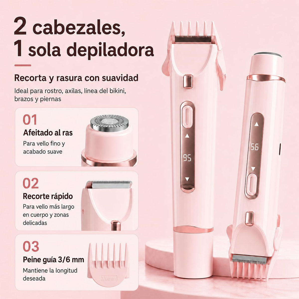 2 En 1 Maquina para depilar mujer, rasuradora eléctrica mujers, con Luces Auxiliares, Doble Cabezal | Recargable Type-C e IPX7, para Bikini Facial Brazos Axilas (Rosa)