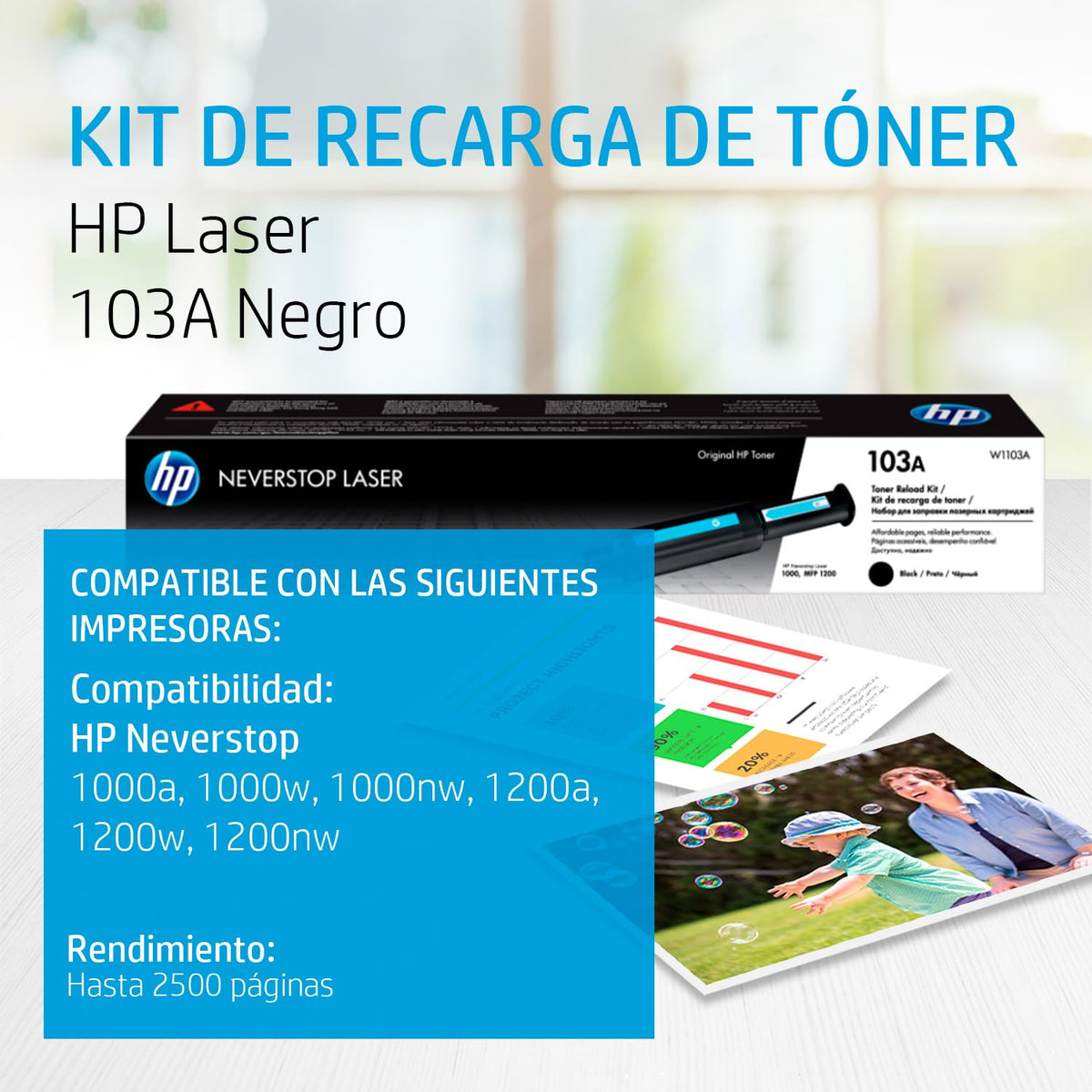 Kit de Recarga de Tóner Original HP Negro para Neverstop Laser 103A y MFP 1200 Rendimiento 2500 Páginas