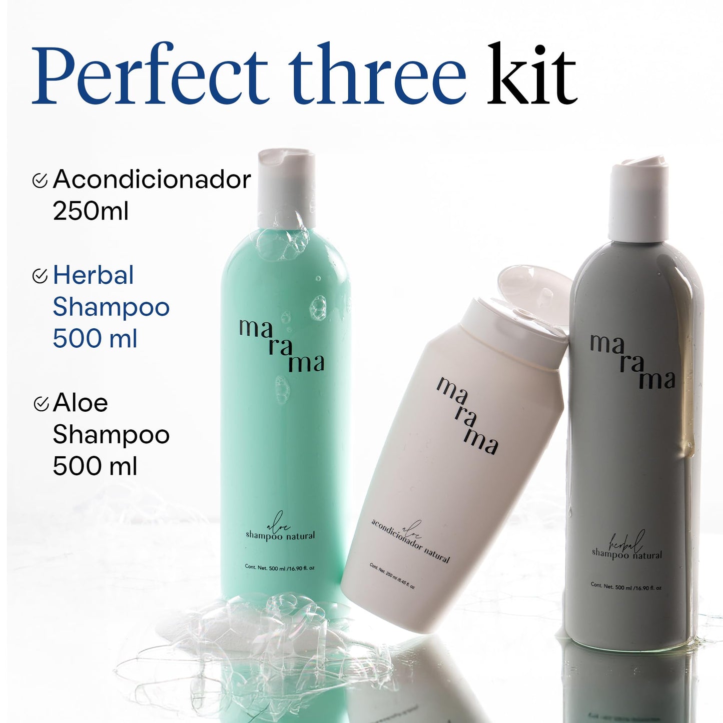 MARAMA | Perfect Three Kit | 2 Shampoo sin Parabenos + Acondicionador sin Parabenos | Tratamiento para Cabello Maltratado - Aloe Vera | Anti Frizz Cabello | Vegano - Cruelty-Free