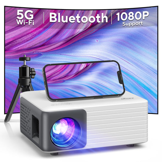 AKIYO Mini Proyector WiFi Bluetooth con Tripode, Portátil Proyector Soporta Full HD 1080P, Videoproyector Cine en Casa, para iOS/Android/USB/TV Stick/HDMI, Regalo para Niños