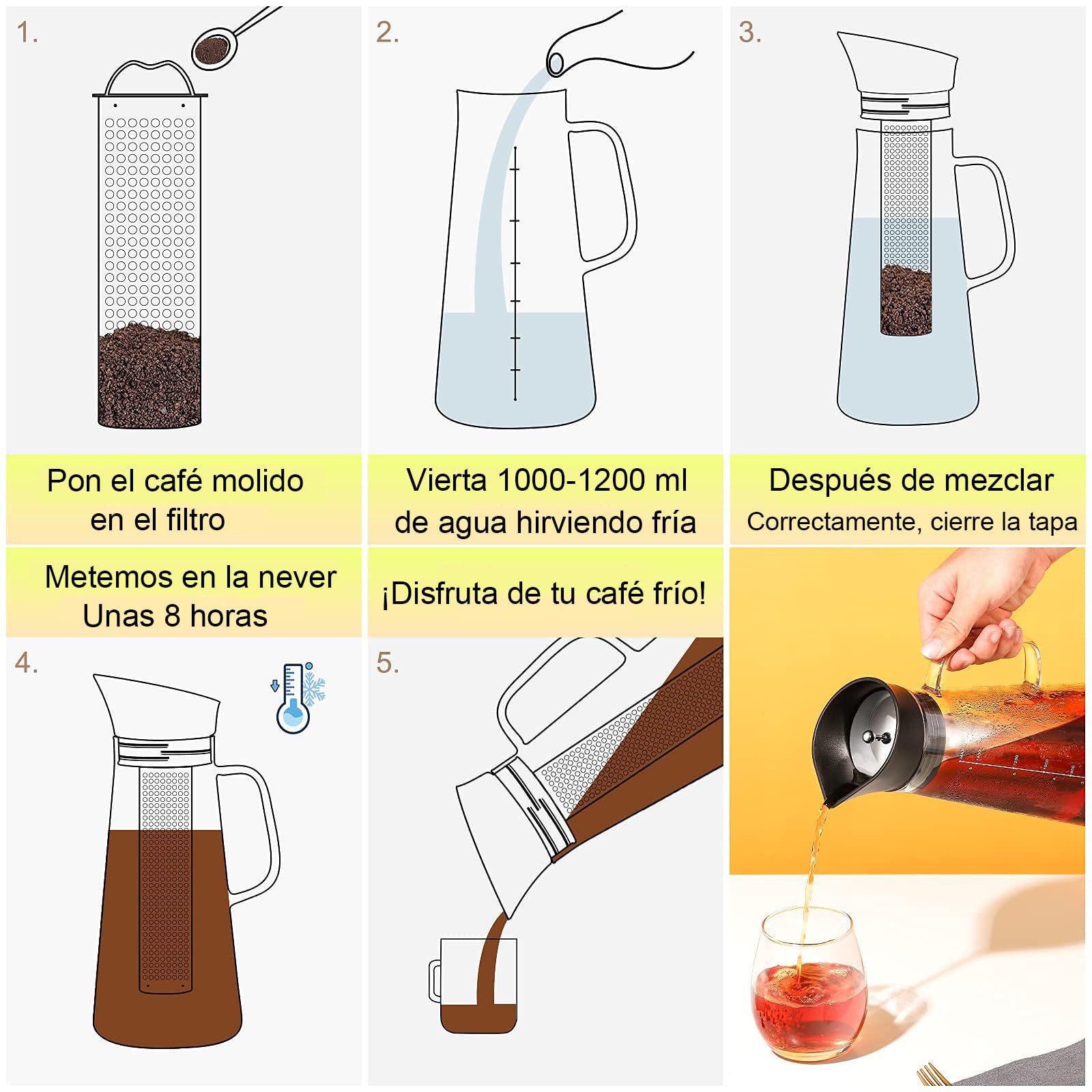 Café En Frío Cold Brew Jarra De Vidrio,1.2L Cafetera Cold Brew Vidrio de Primera Calidad Tetera Helada,Con filtro de acero inoxidable extraíble y tapa hermética,Apto para té de frutas o café