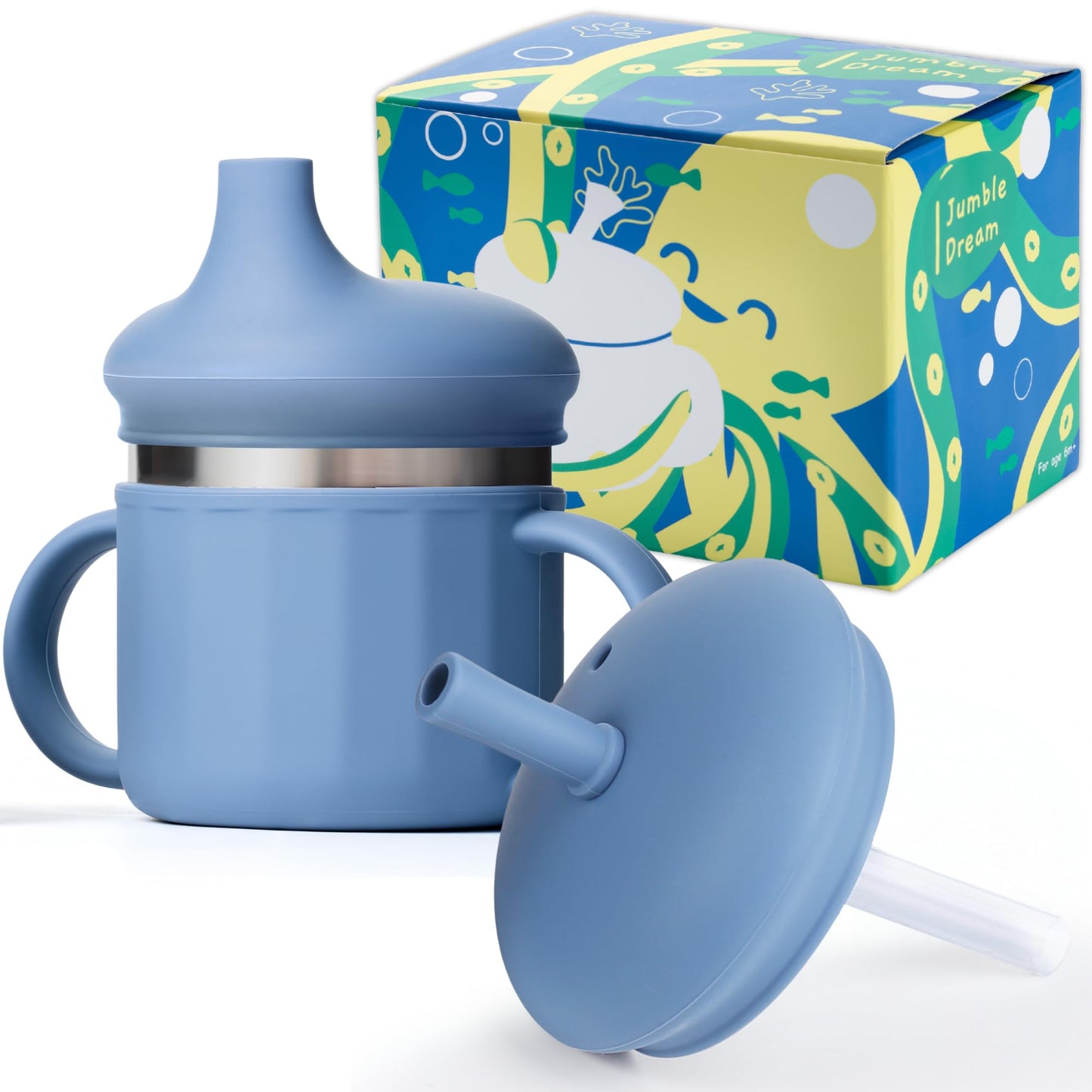 Jumble Dream Vaso para sorber de acero inoxidable, vaso para niños de acero inoxidable con pajita para entrenamiento de silicona, vaso para niños pequeños con pajita a prueba de derrames | Vaso para s