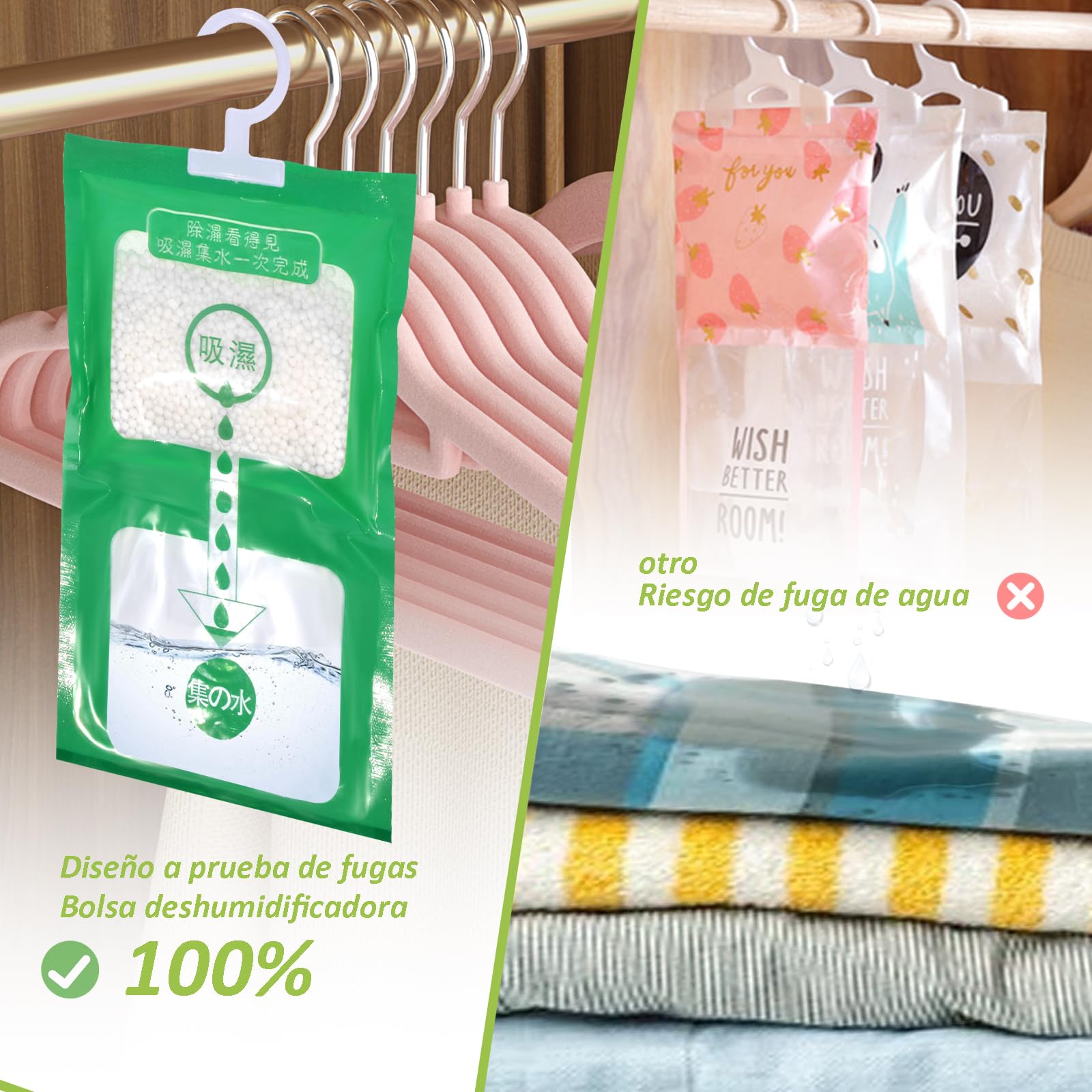Paquete de 10 Bolsas Antihumedad Colgantes, Deshumidificador para la Humedad - Absorbedor de Humedad Sin Fragancia, Proceso Visible, Previene Moho en Closet, Baño, Cocina, Sótano y Lavadero