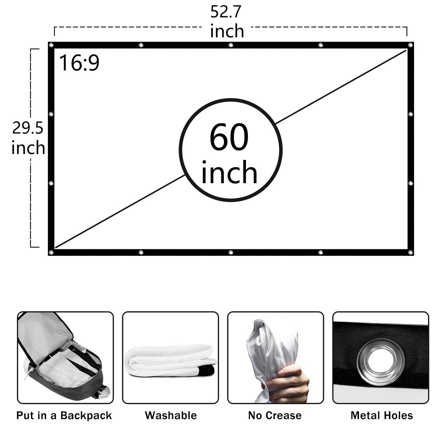 Jscreen Nell Zimi - Pantalla de proyección de 60 pulgadas (16:9 HD, plegable, antiarrugas, portátil, para cine en casa, soporte interior, proyección de doble cara