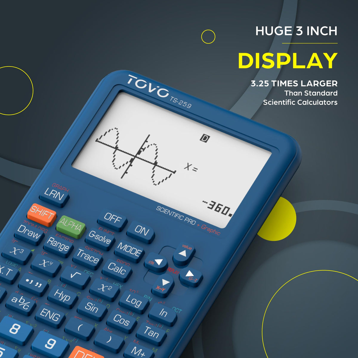 Calculadora Científica TOVO TS-259 Negra con Visualización Grande y Funciones Gráficas Avanzadas