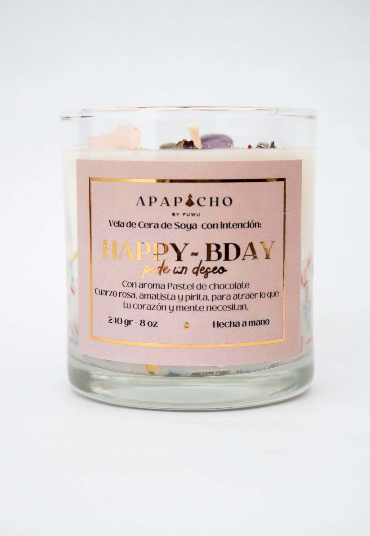 Fuwu, velas aromaticas relajantes Happy Birthday cera de soya con cuarzos naturales, velas decorativas hechas a mano con hierbas, aromatizantes para hogar, regalos de cumpleaños (Pastel de chocolate)