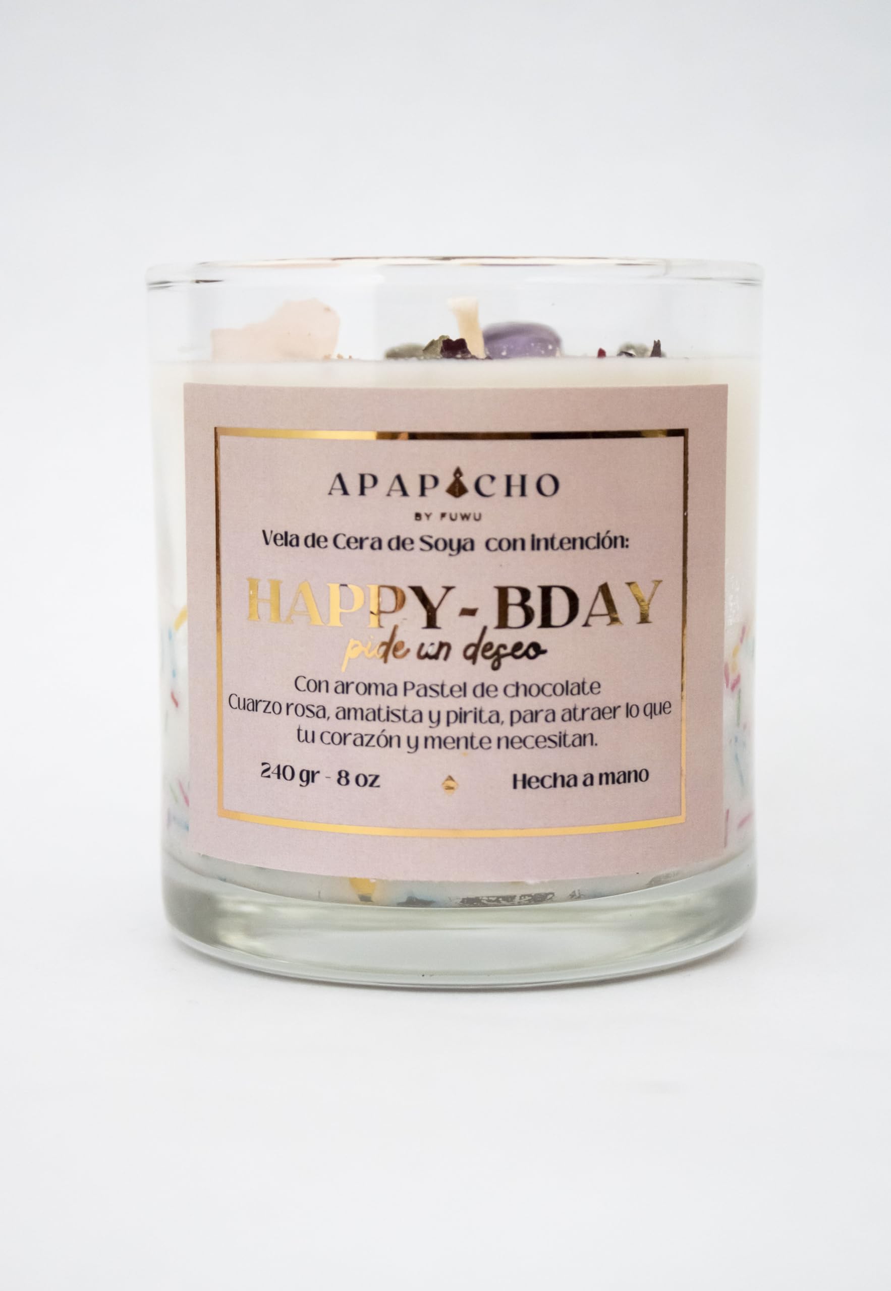 Fuwu, velas aromaticas relajantes Happy Birthday cera de soya con cuarzos naturales, velas decorativas hechas a mano con hierbas, aromatizantes para hogar, regalos de cumpleaños (Pastel de chocolate)