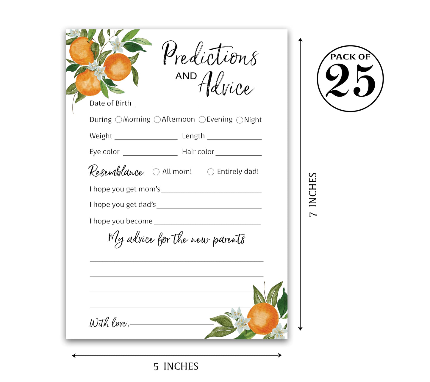 Tarjetas de predicción y consejos de A Little Cutie – Paquete de 25 – Invitaciones de baby shower con temática de naranja cítrico, deseos para nuevos padres, mamá y papá para ser mamá y papá, mensaje de ducha, recuerdo de actividad G350-PDAV