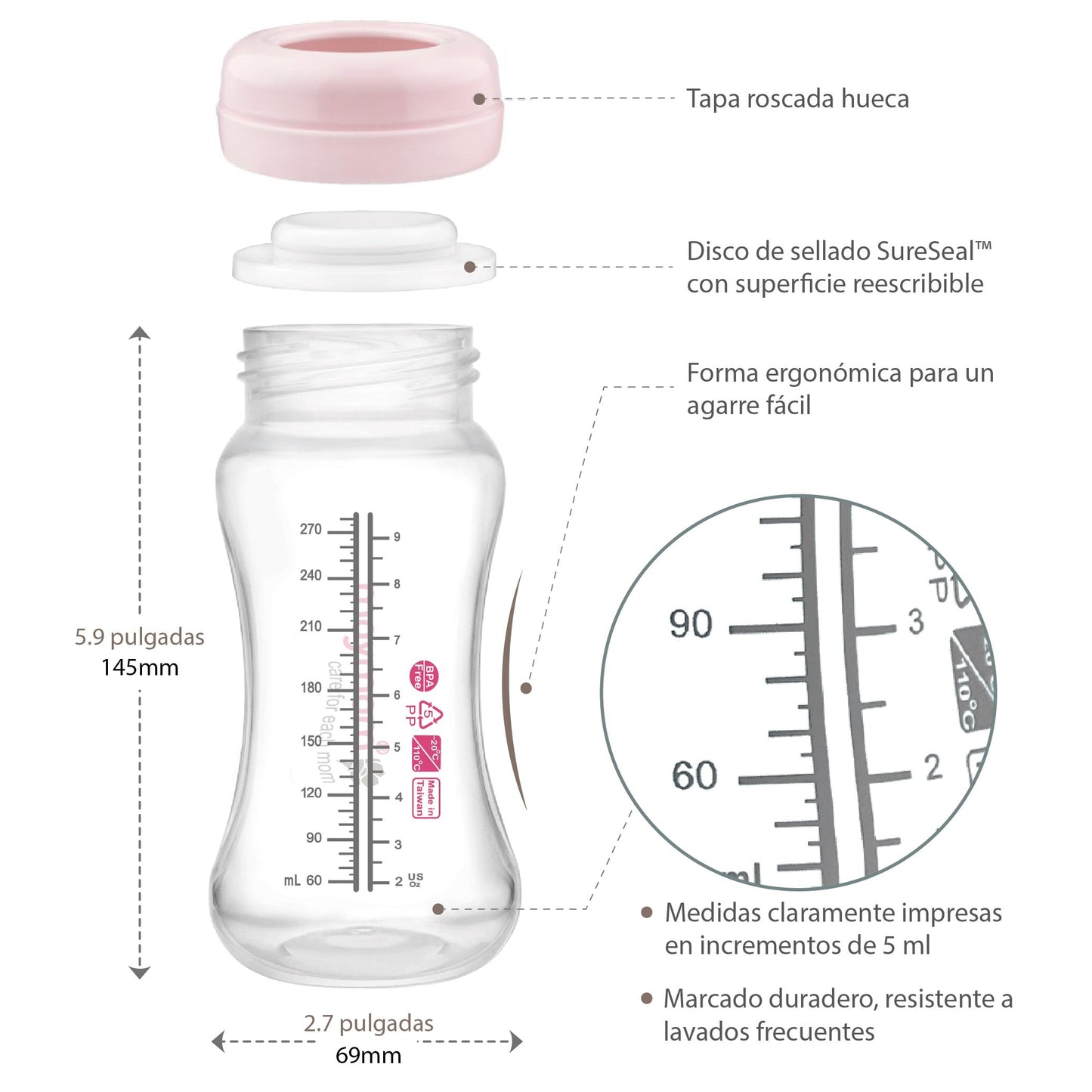 Maymom botella de boca ancha para recolección, almacenamiento y alimentación de leche materna con tetina, tapa tipo cúpula rosa, tapa superior de botella y disco de sellado SureSeal; compatible con extractores Spectra / Motif Luna; 2 piezas (9 oz / 280 ml