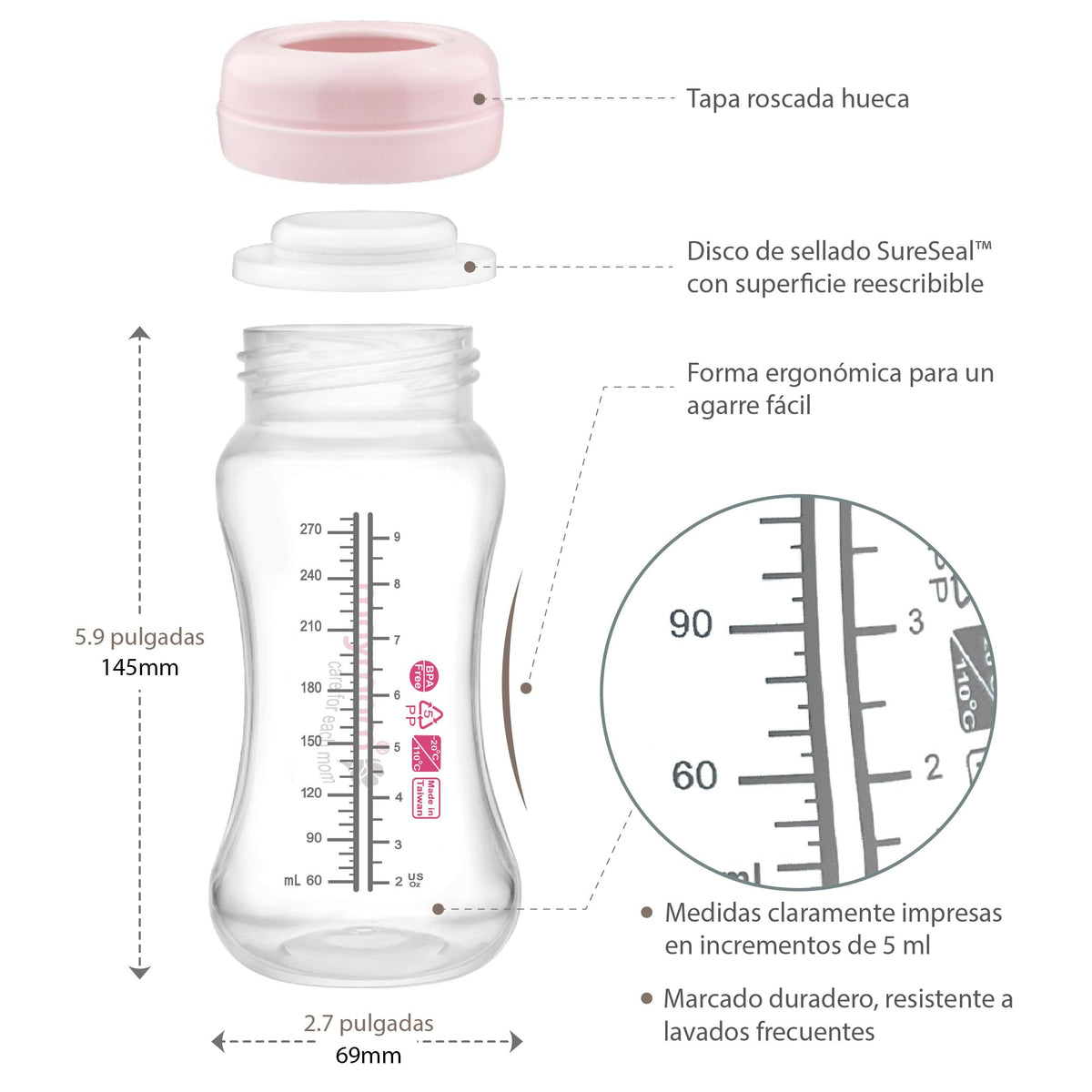 Botella de boca ancha para recolección y almacenamiento de leche materna, 9 oz / 280 ml, con disco SureSeal reescribible. Compatible con extractores Spectra (S1, S2 y 9 Plus) y Avent. Paquete de 4, solo botellas.