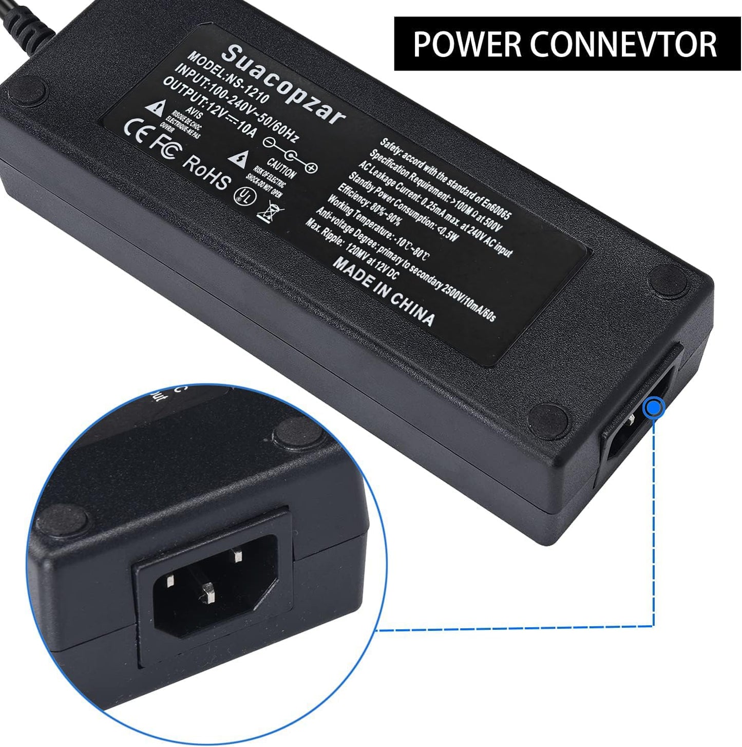 Convertidor Suacopzar 10 Pies Negro con Fuente de Alimentación de 110 V a 12 V para Coche