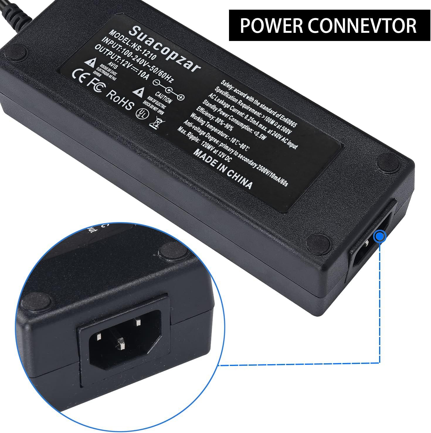 Convertidor Suacopzar 10 Pies Negro con Fuente de Alimentación de 110 V a 12 V para Coche