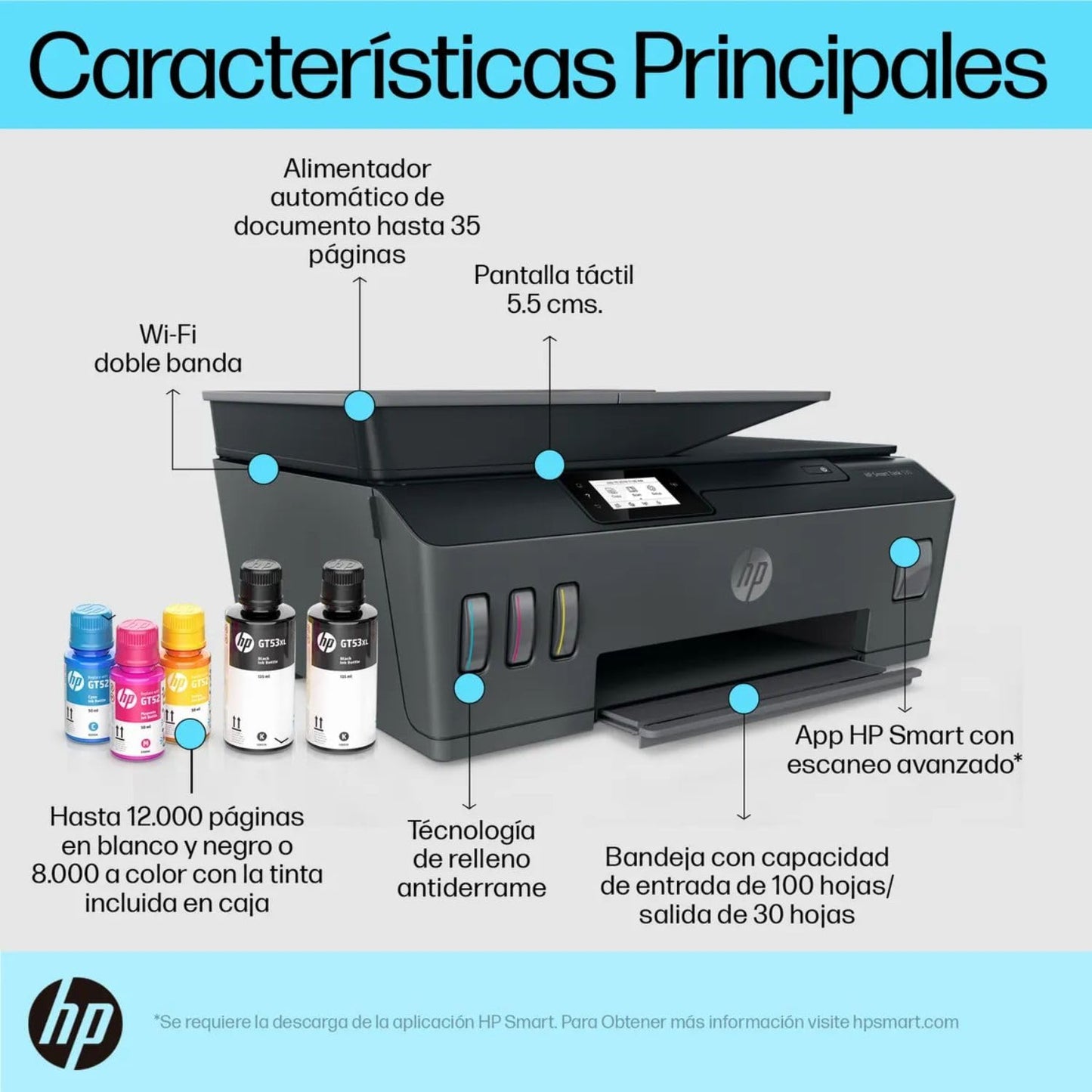 HP Impresora Multifuncional Smart Tank 530, Tinta Continua, Color, Wi-Fi, Dúplex (Doble Cara) Manual, ADF Alimentador Automático, Imprime desde HP Smart App, Impresión, Escaneo, Copiado (4SB24A)
