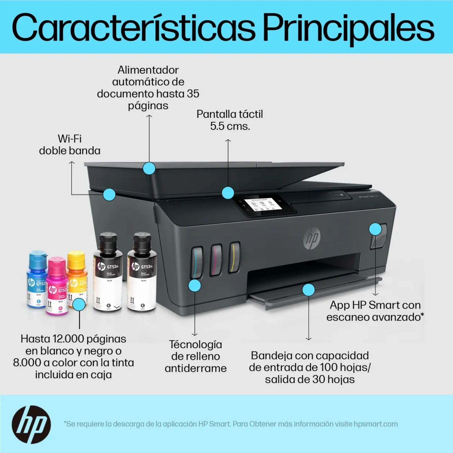 HP Impresora Multifuncional Smart Tank 530, Tinta Continua, Color, Wi-Fi, Dúplex (Doble Cara) Manual, ADF Alimentador Automático, Imprime desde HP Smart App, Impresión, Escaneo, Copiado (4SB24A)