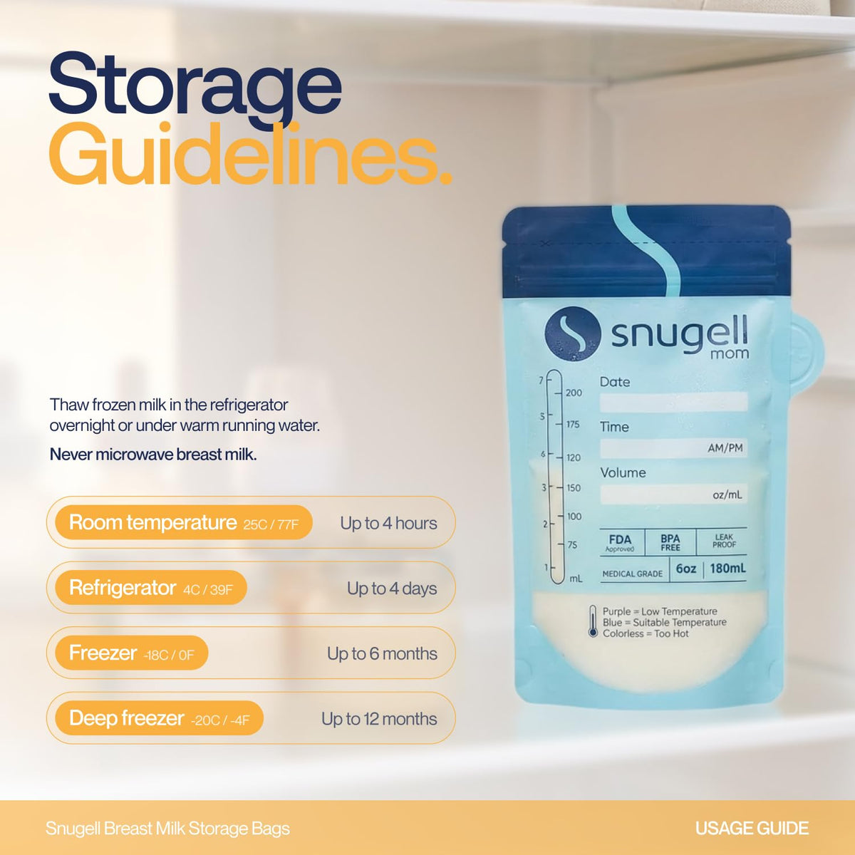 Snugell Bolsas de almacenamiento de leche materna / 180 ml, a prueba de fugas, sin BPA, duraderas y transparentes para una fácil visibilidad de la leche (150 unidades)