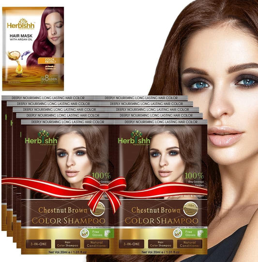 Herbishh Hair Color Shampoo for Gray Hair– Hair Dye Shampoo with Argan Hair Mask–Tamaño de viaje-Tiñe el cabello en minutos–Color de larga duración–10pack+1pack (Chestnut Brown)